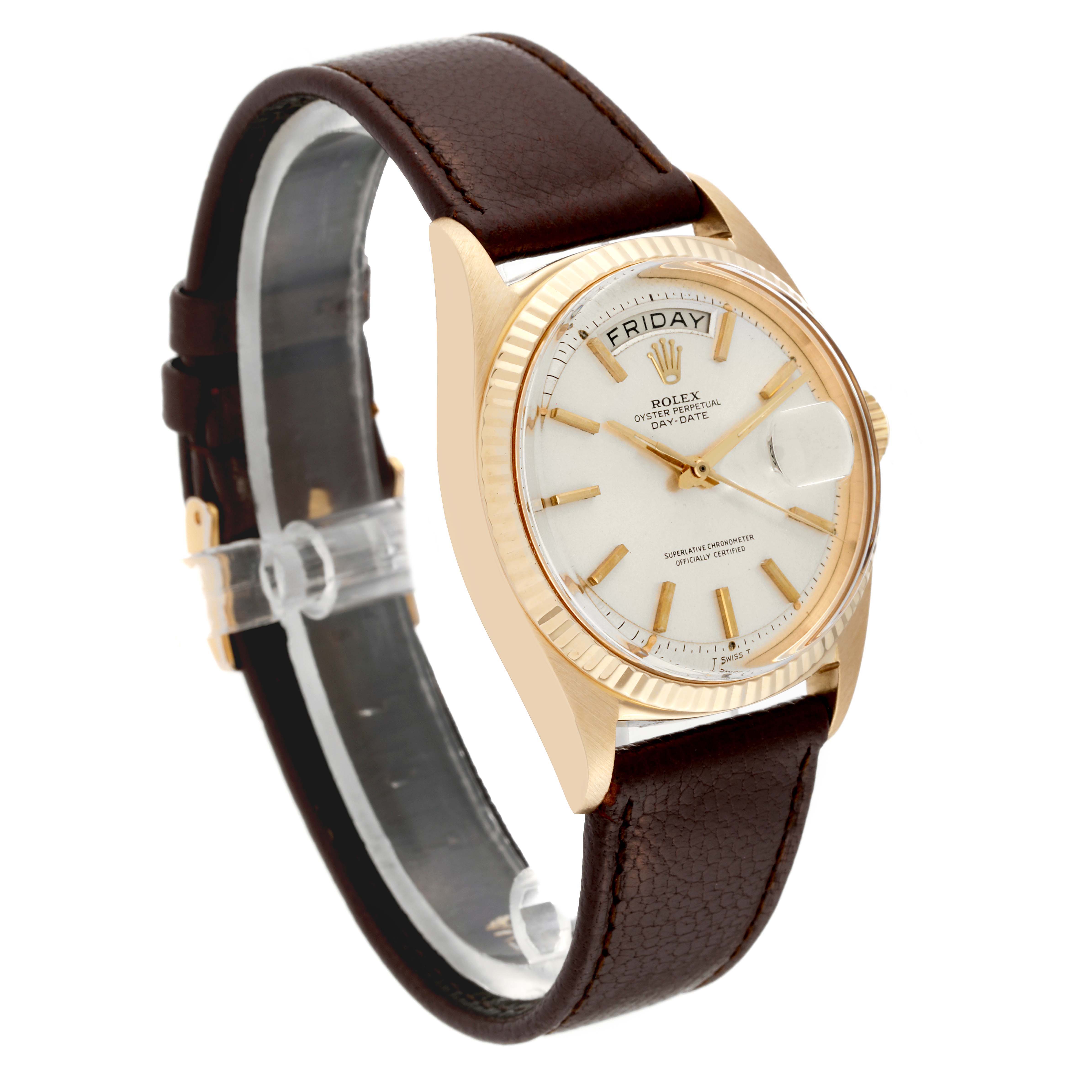 The image shows a Rolex Vintage Collection 1803 Men's Yellow Gold Silver Dial 1803 Men's Yellow Gold Silver Dial watch angled to display the face, bezel, and leather strap.