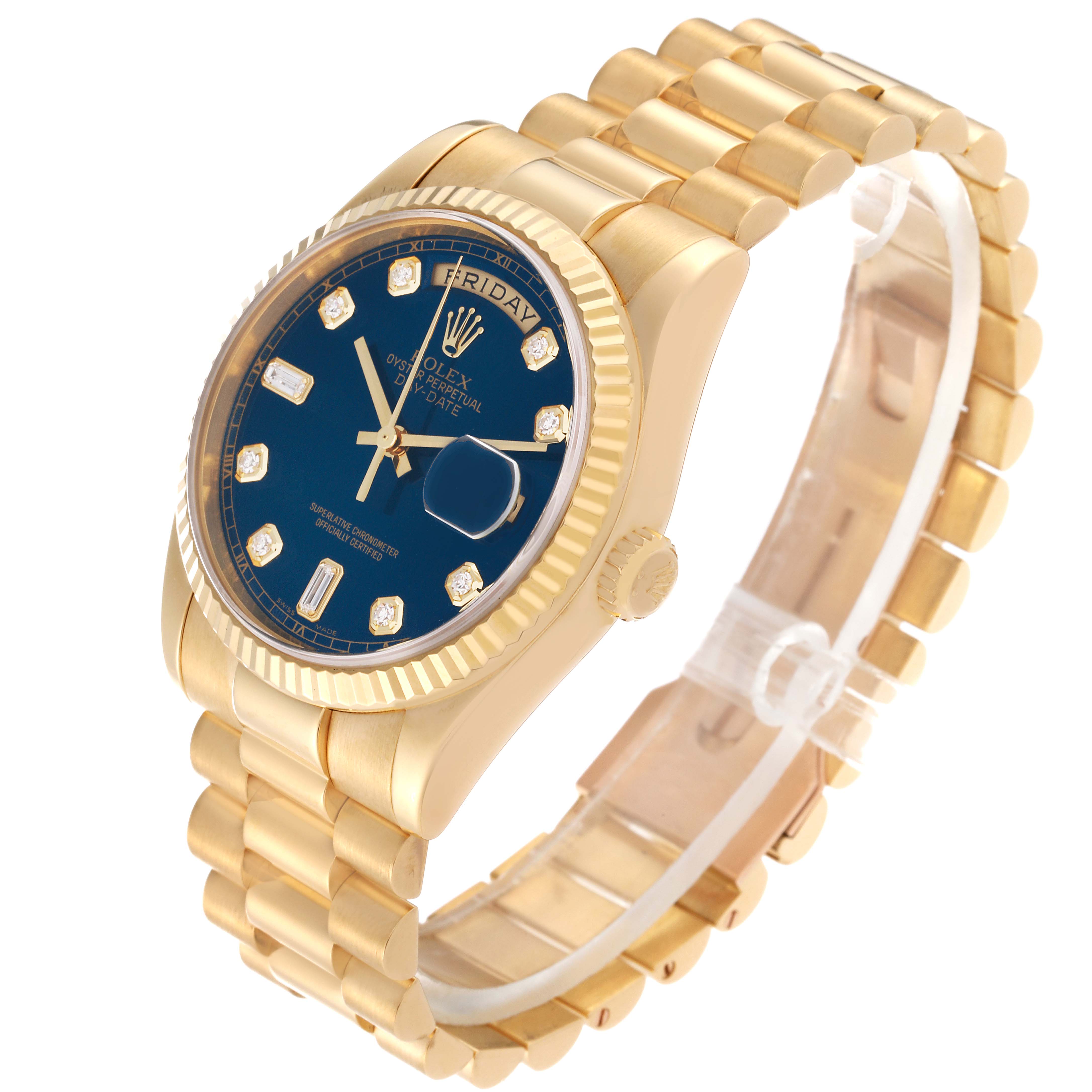 This image shows a side angle of the Rolex President 118238 Men's Yellow Gold Blue Dial 118238 Men's Yellow Gold Blue Dial model watch, highlighting the bracelet, dial, and bezel.