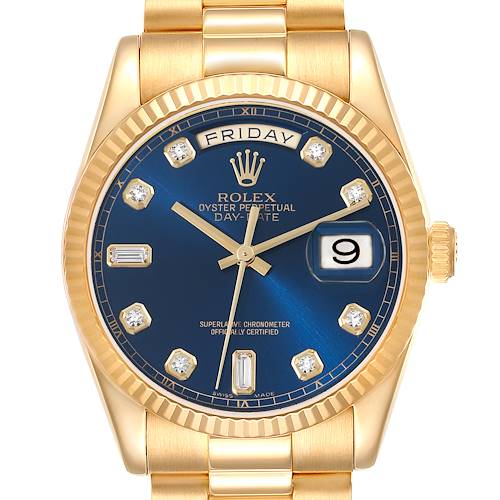 Photo of Rolex President Day Date Yellow Gold Blue Diamond Dial Mens Watch 118238