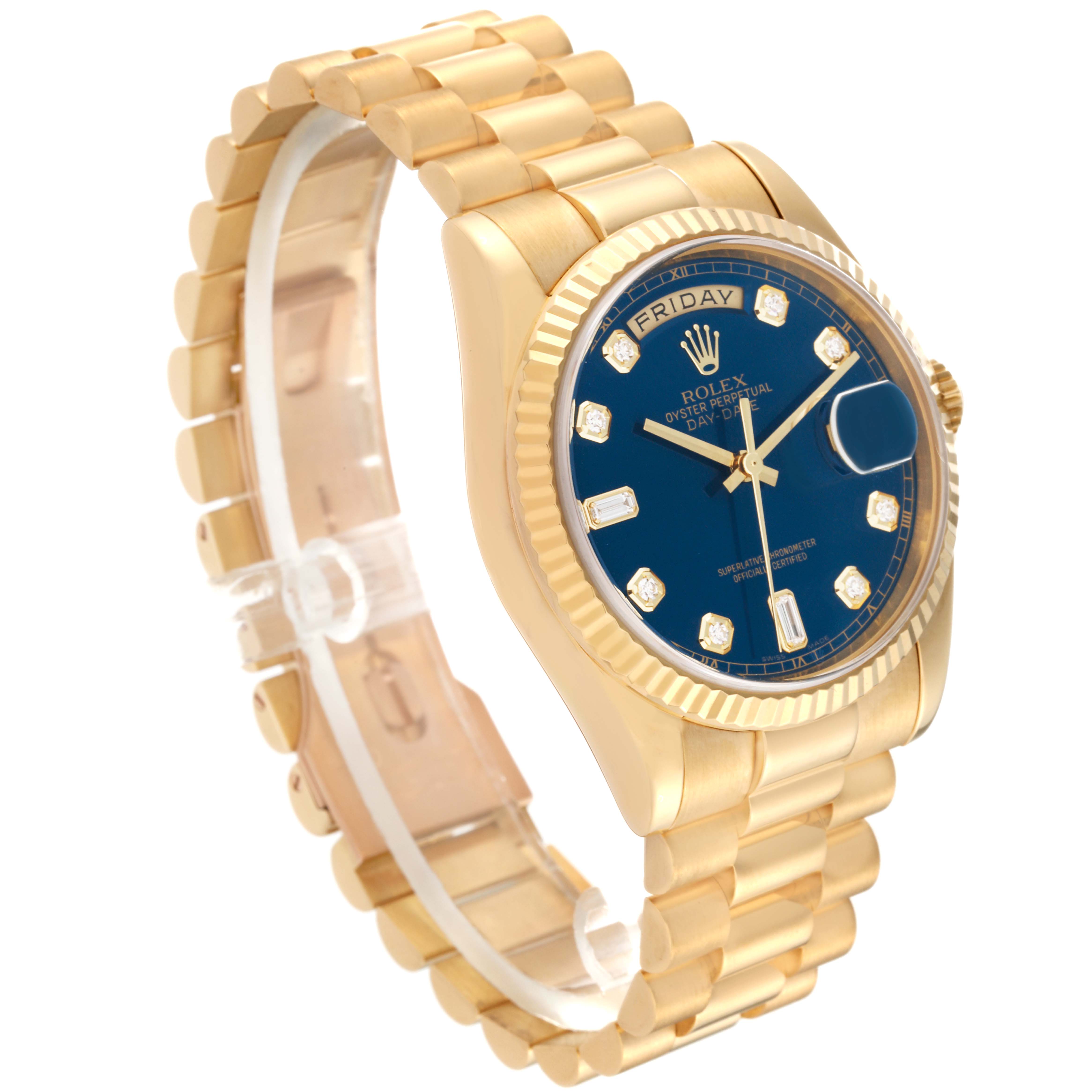 The image shows a Rolex President 118238 Men's Yellow Gold Blue Dial 118238 Men's Yellow Gold Blue Dial model watch from a three-quarter angle, highlighting the bracelet, blue dial, and bezel.