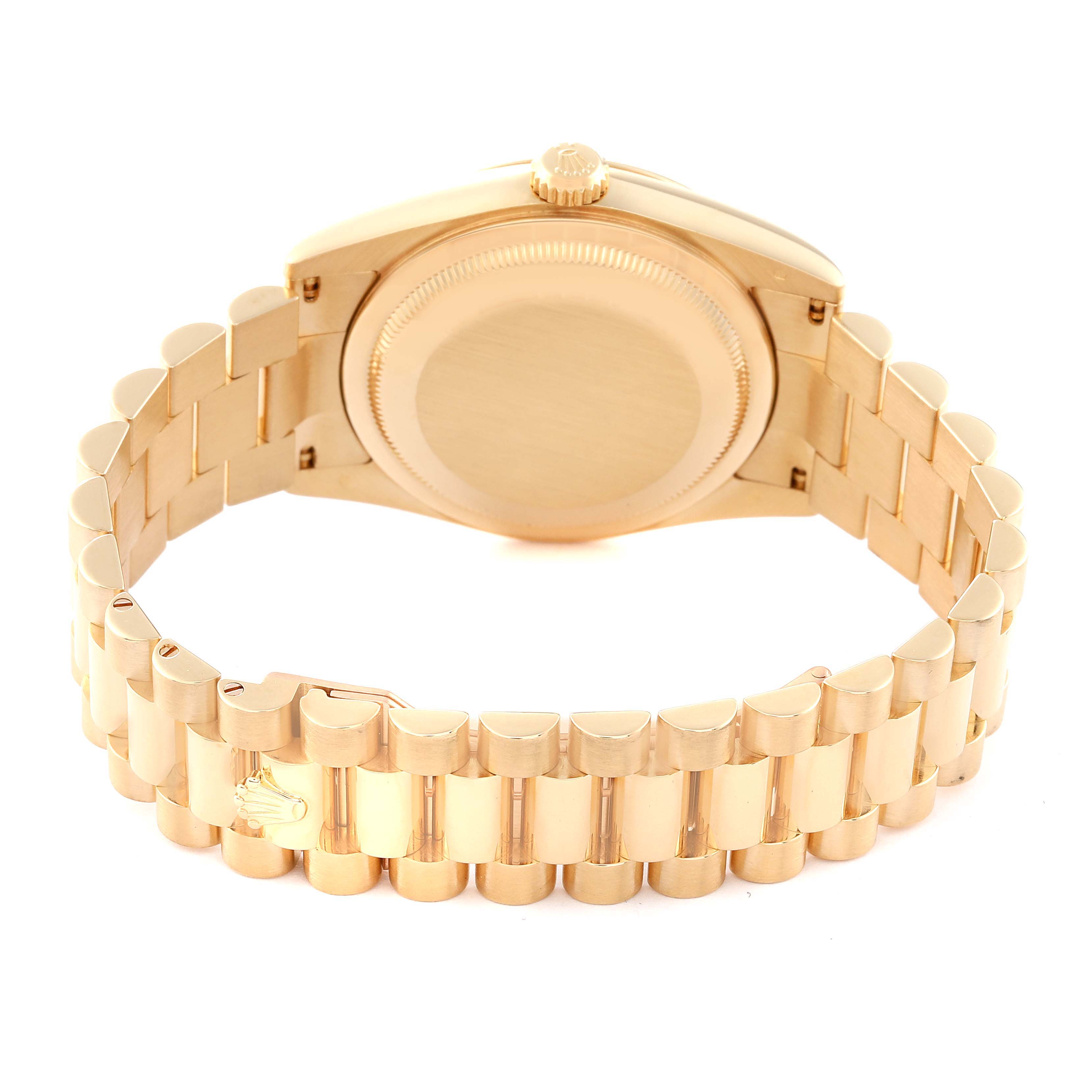 This image shows the backside and bracelet of a Rolex President 118238 Men's Yellow Gold Blue Dial 118238 Men's Yellow Gold Blue Dial model watch in a gold finish.
