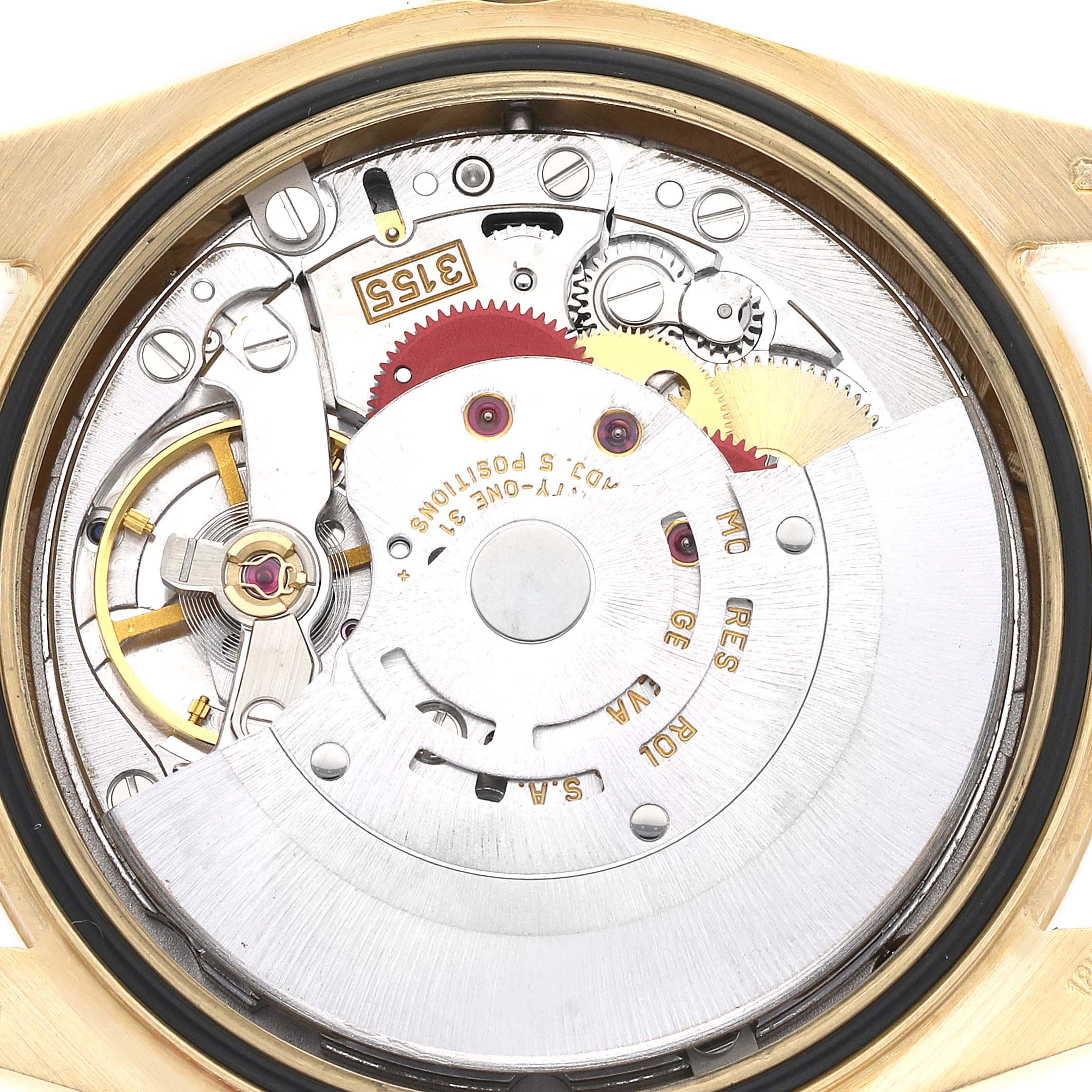 This image shows the internal mechanism of a Rolex President 118238 Men's Yellow Gold Blue Dial 118238 Men's Yellow Gold Blue Dial model watch from a top-down angle.