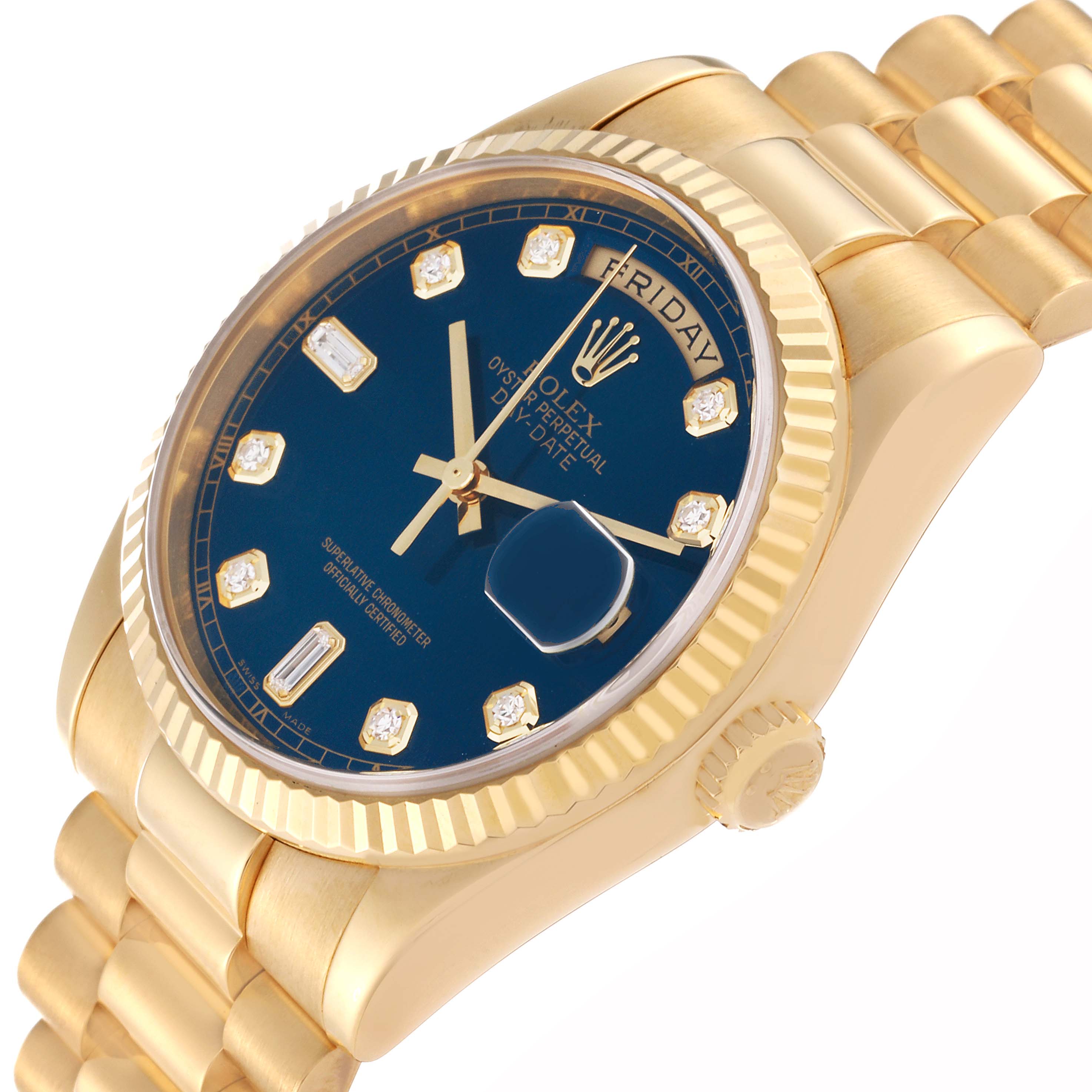 The image shows a close-up angle of the Rolex President 118238 Men's Yellow Gold Blue Dial 118238 Men's Yellow Gold Blue Dial model watch, highlighting the blue dial, day-date feature, and gold band.