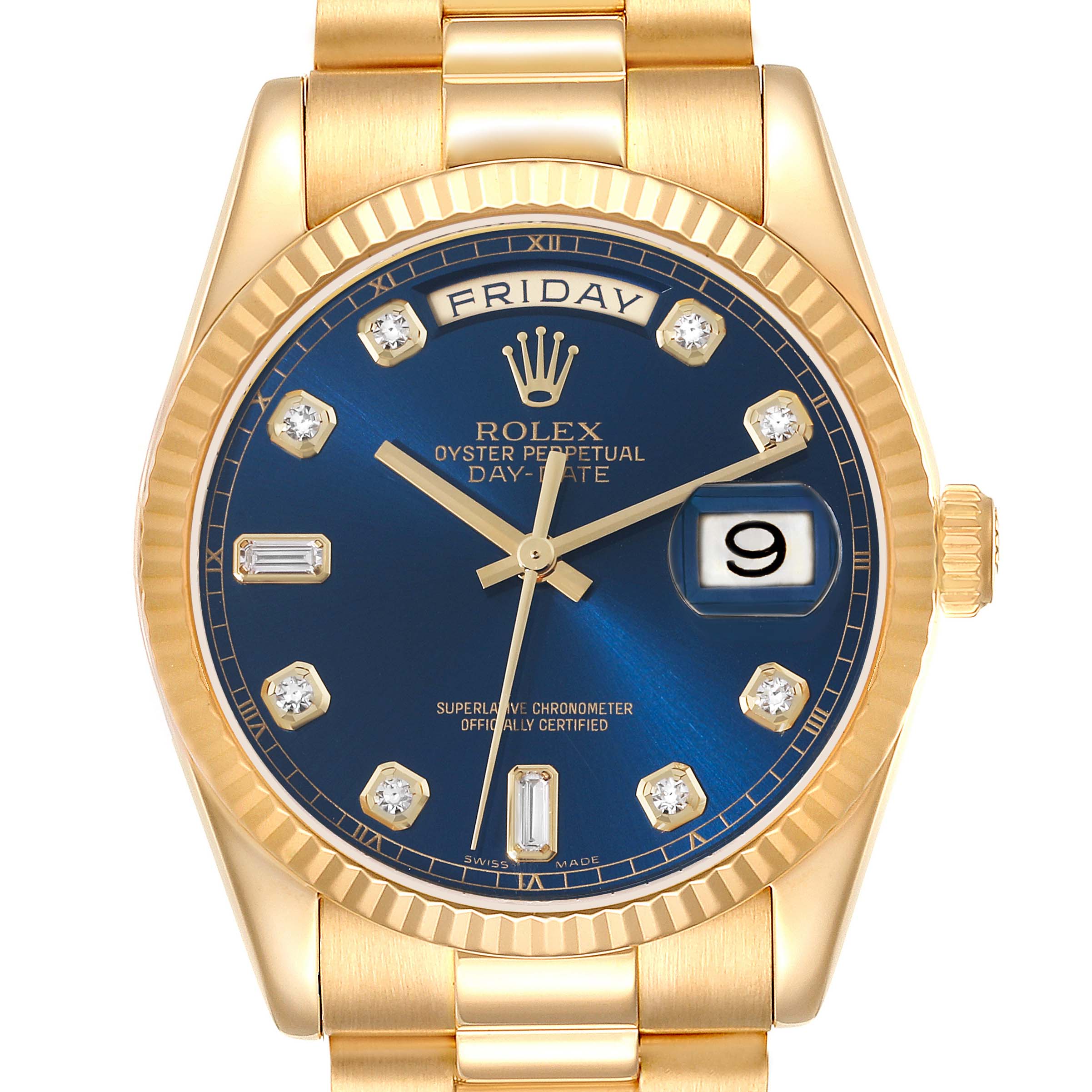 This is a front view of a Rolex President 118238 Men's Yellow Gold Blue Dial 118238 Men's Yellow Gold Blue Dial model watch, showing the face, dial, hands, date window, and part of the bracelet.