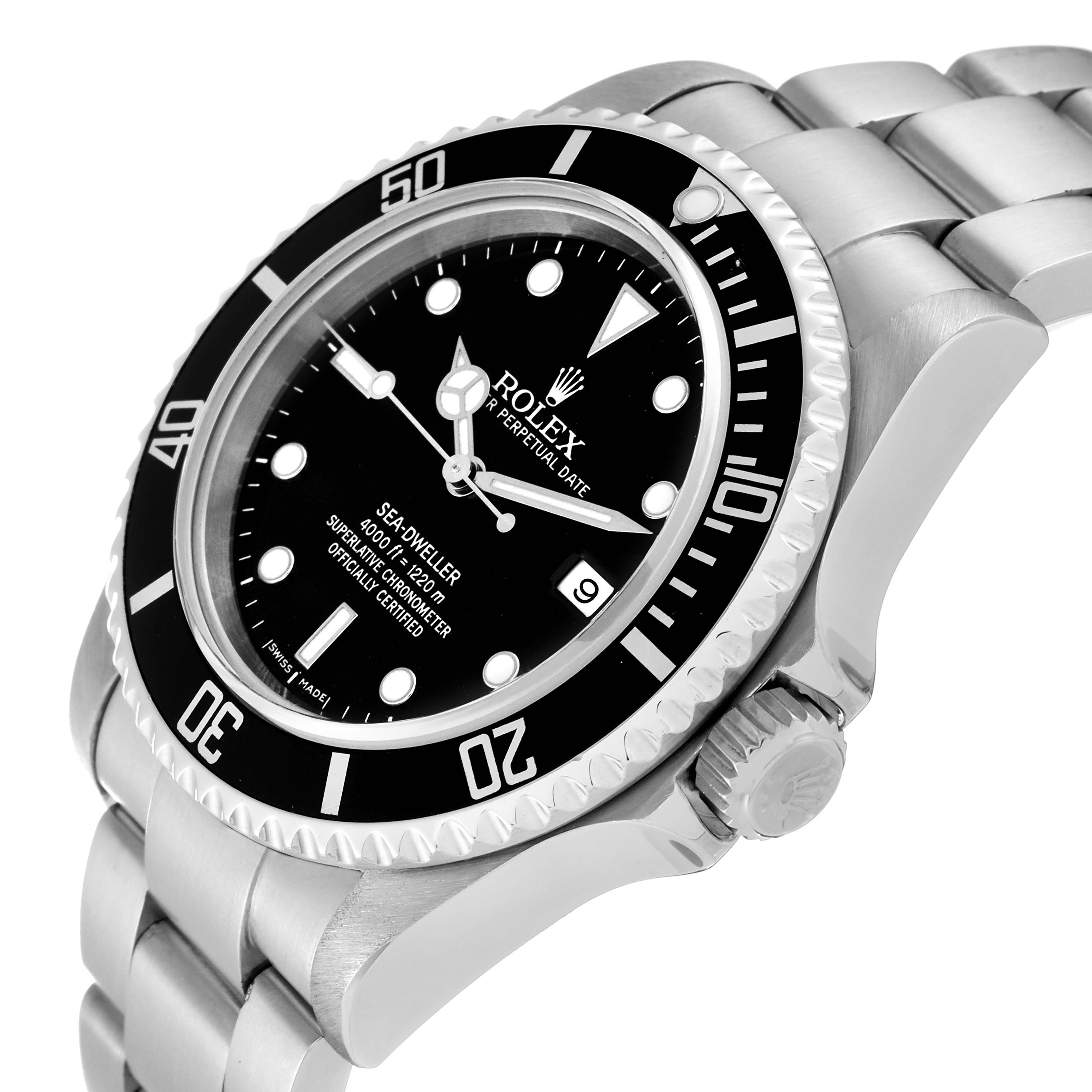 The image shows a side-angle view of the Rolex Sea-Dweller 16600 Men
s Stainless Steel Black Dial 16600 Men
s Stainless Steel Black Dial watch, highlighting the bezel, crown, and bracelet.
