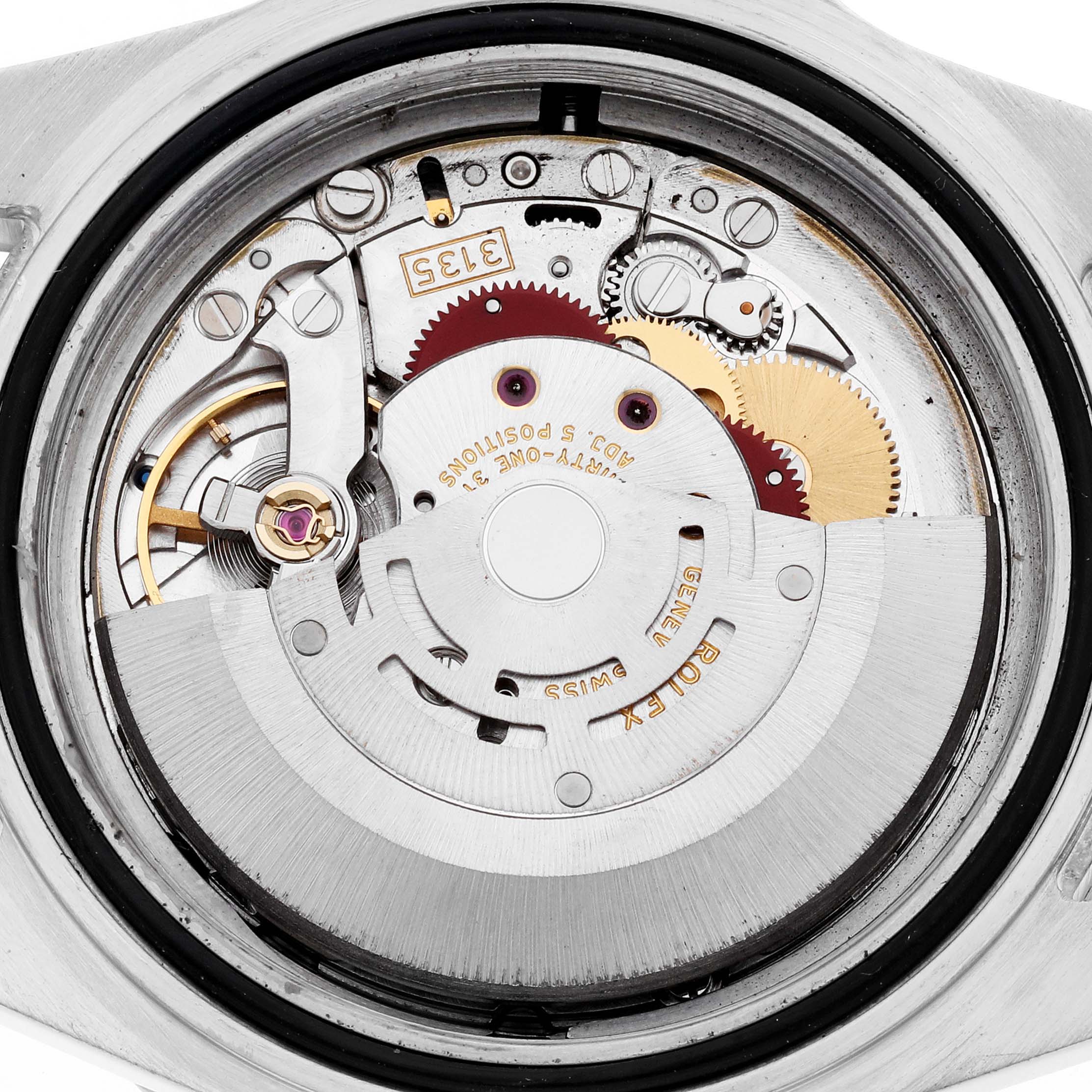 The image shows the internal mechanical movement of a Rolex Sea-Dweller 16600 Men
s Stainless Steel Black Dial 16600 Men
s Stainless Steel Black Dial watch from the back angle.