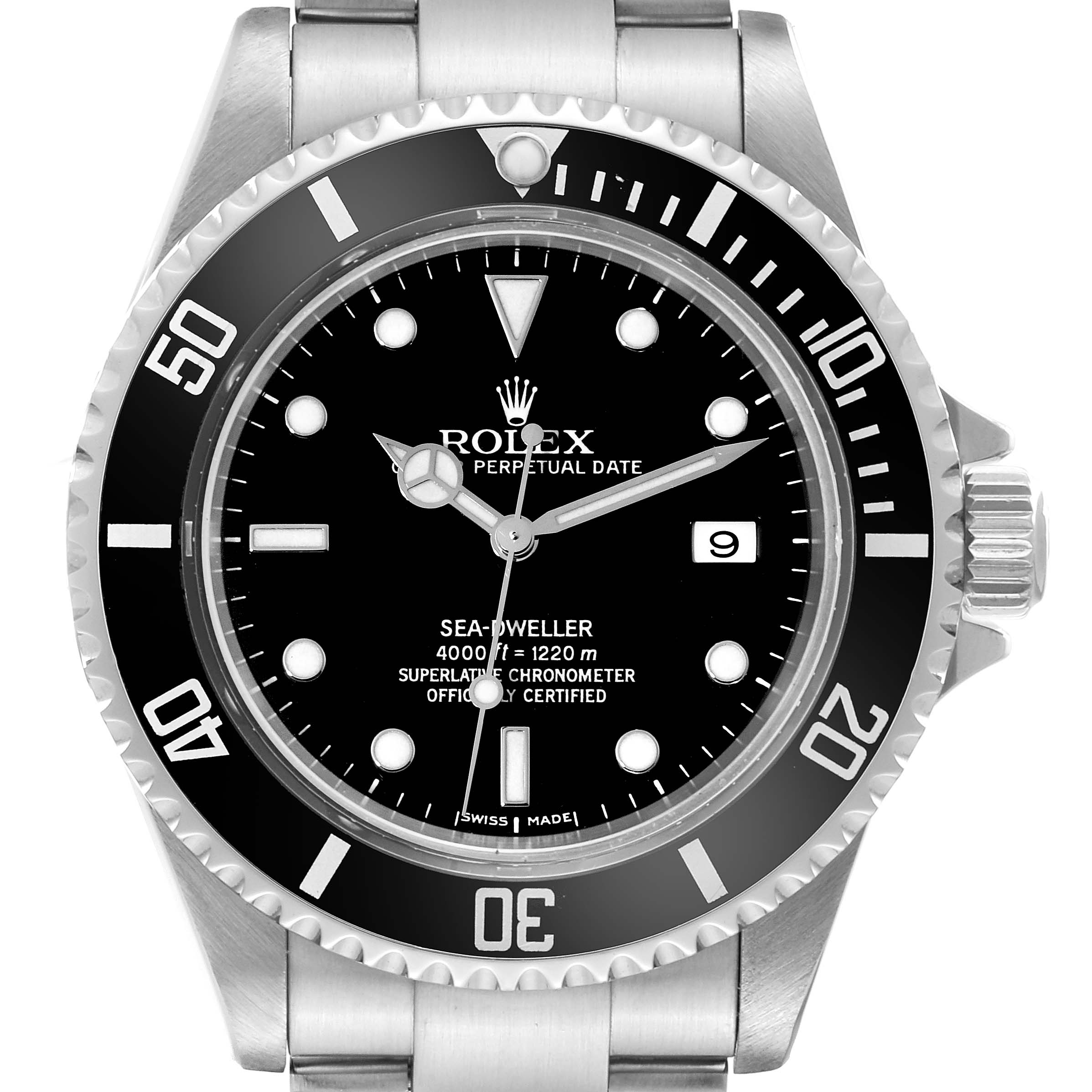 This image shows a front view of the Rolex Sea-Dweller 16600 Men
s Stainless Steel Black Dial 16600 Men
s Stainless Steel Black Dial watch, highlighting its dial, bezel, and bracelet.