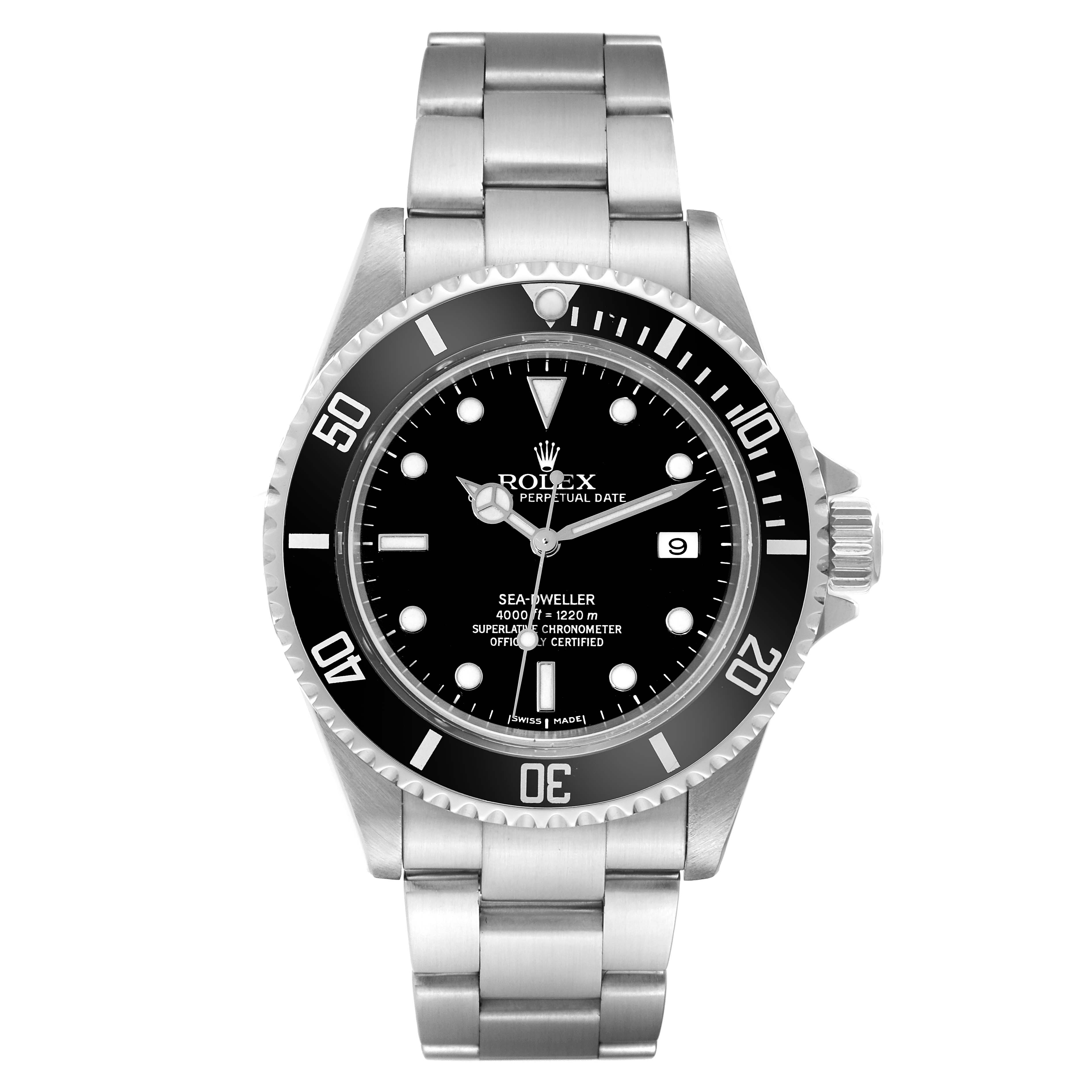 This image shows a front view of the Rolex Sea-Dweller 16600 Men
s Stainless Steel Black Dial 16600 Men
s Stainless Steel Black Dial watch, highlighting its dial, bezel, and stainless steel bracelet.