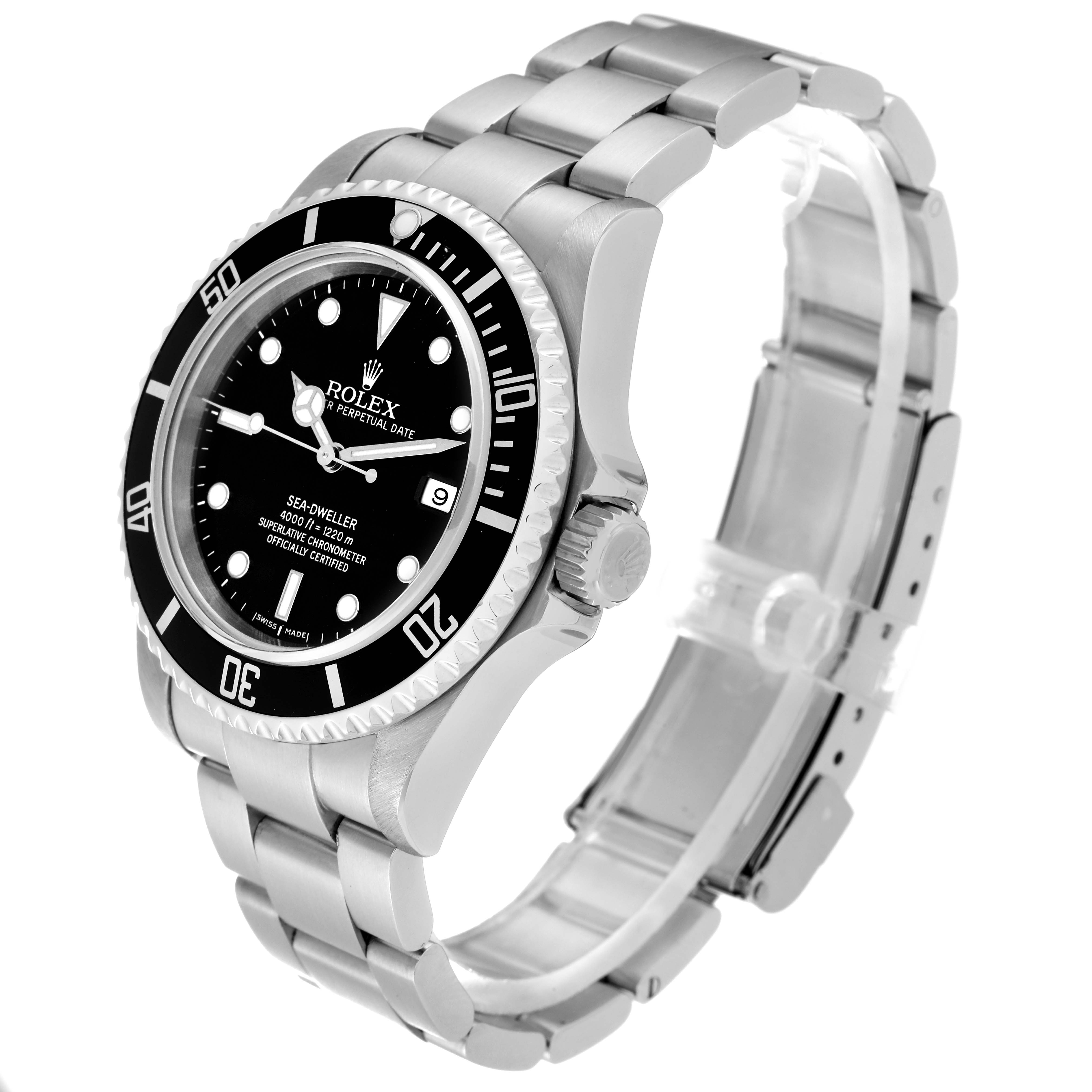 The image shows a Rolex Sea-Dweller 16600 Men
s Stainless Steel Black Dial 16600 Men
s Stainless Steel Black Dial watch at a three-quarter angle, highlighting the dial, bezel, crown, and bracelet.