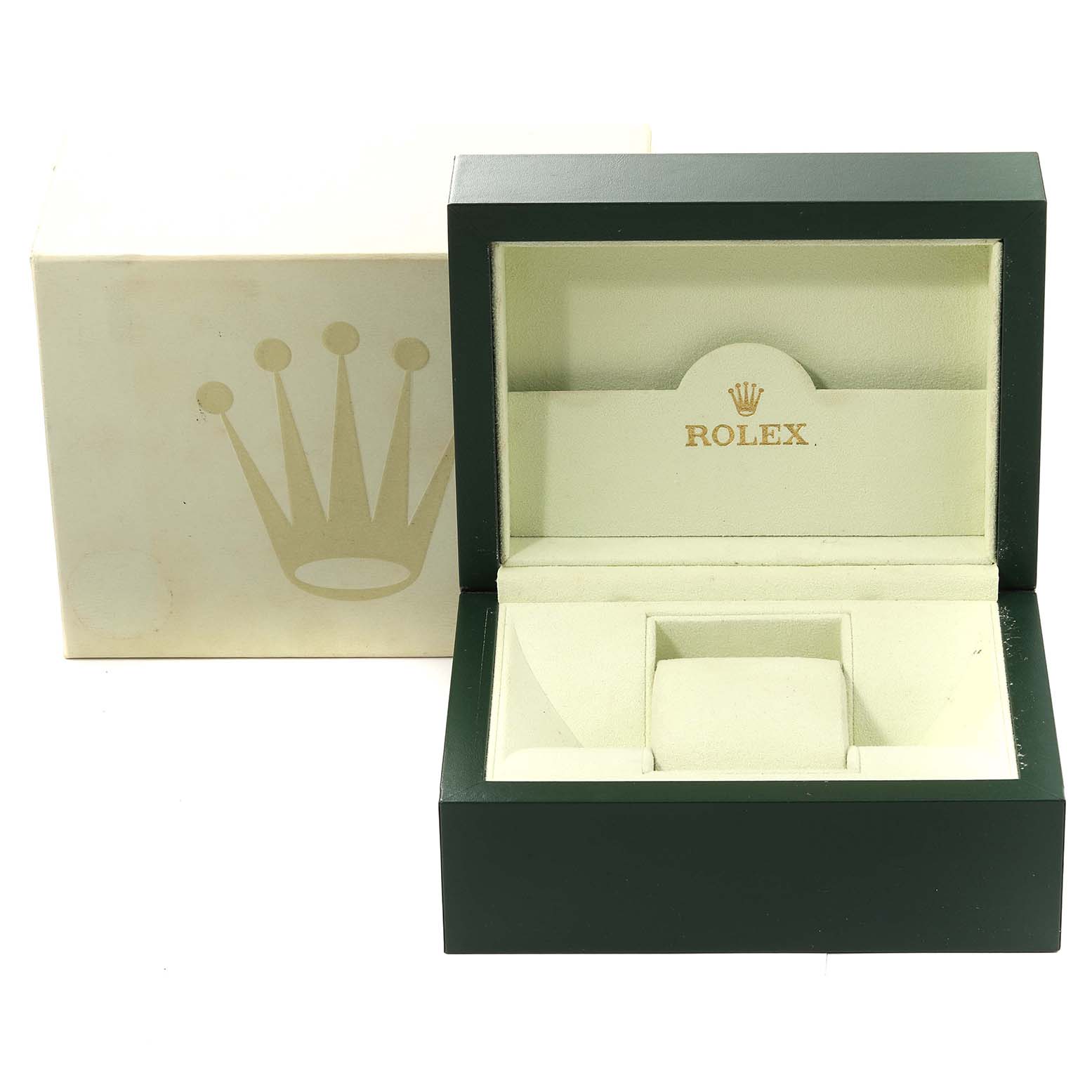 The image shows an empty Rolex Sea-Dweller 16600 Men
s Stainless Steel Black Dial 16600 Men
s Stainless Steel Black Dial watch box with its lid open, revealing the cushioned interior.