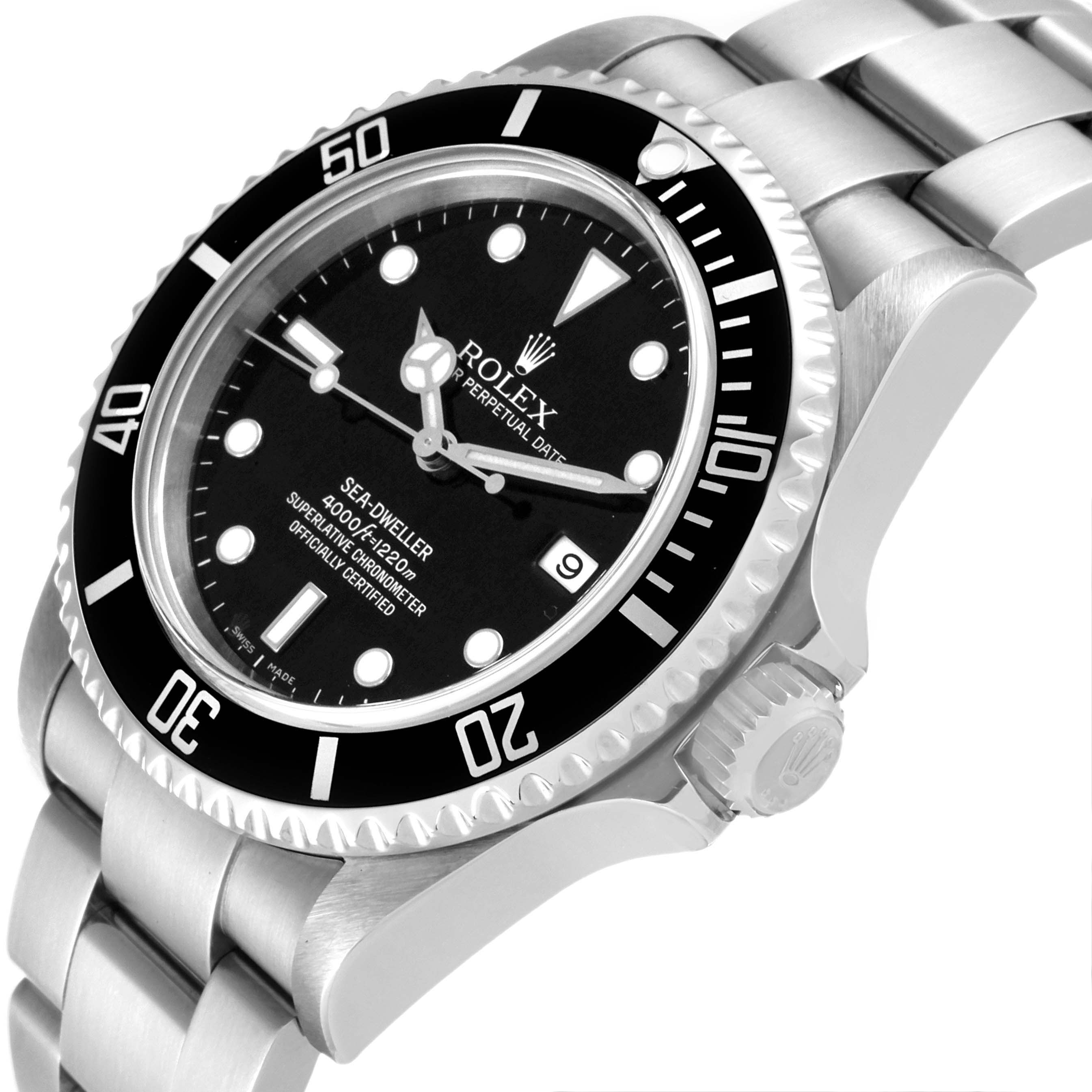 The image shows the Rolex Sea-Dweller 16600 Men
s Stainless Steel Black Dial 16600 Men
s Stainless Steel Black Dial watch at an angled close-up, highlighting the bezel, crown, dial, and part of the bracelet.