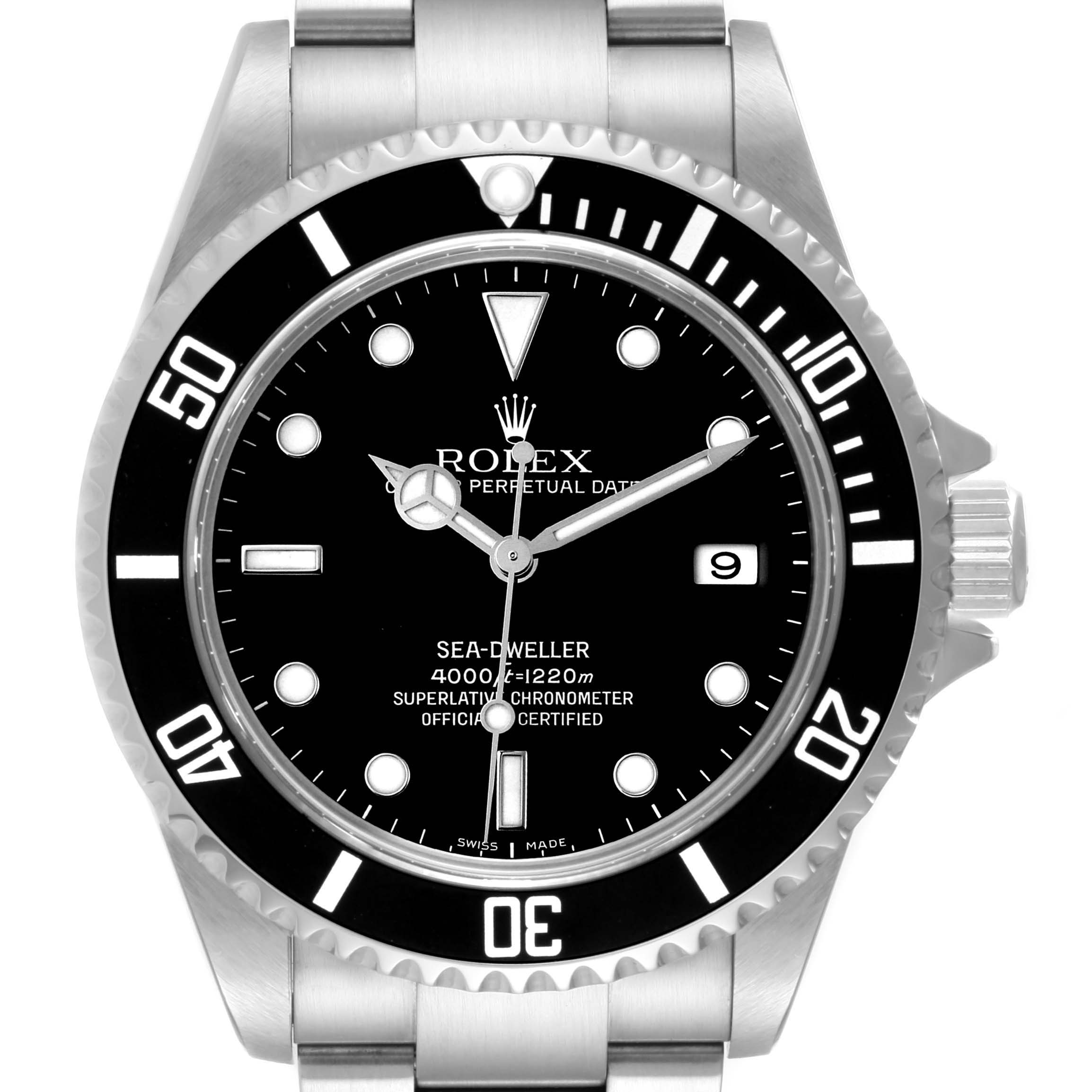 The Rolex Sea-Dweller 16600 Men
s Stainless Steel Black Dial 16600 Men
s Stainless Steel Black Dial watch is shown from a front angle, highlighting its black dial, bezel, and stainless steel bracelet.