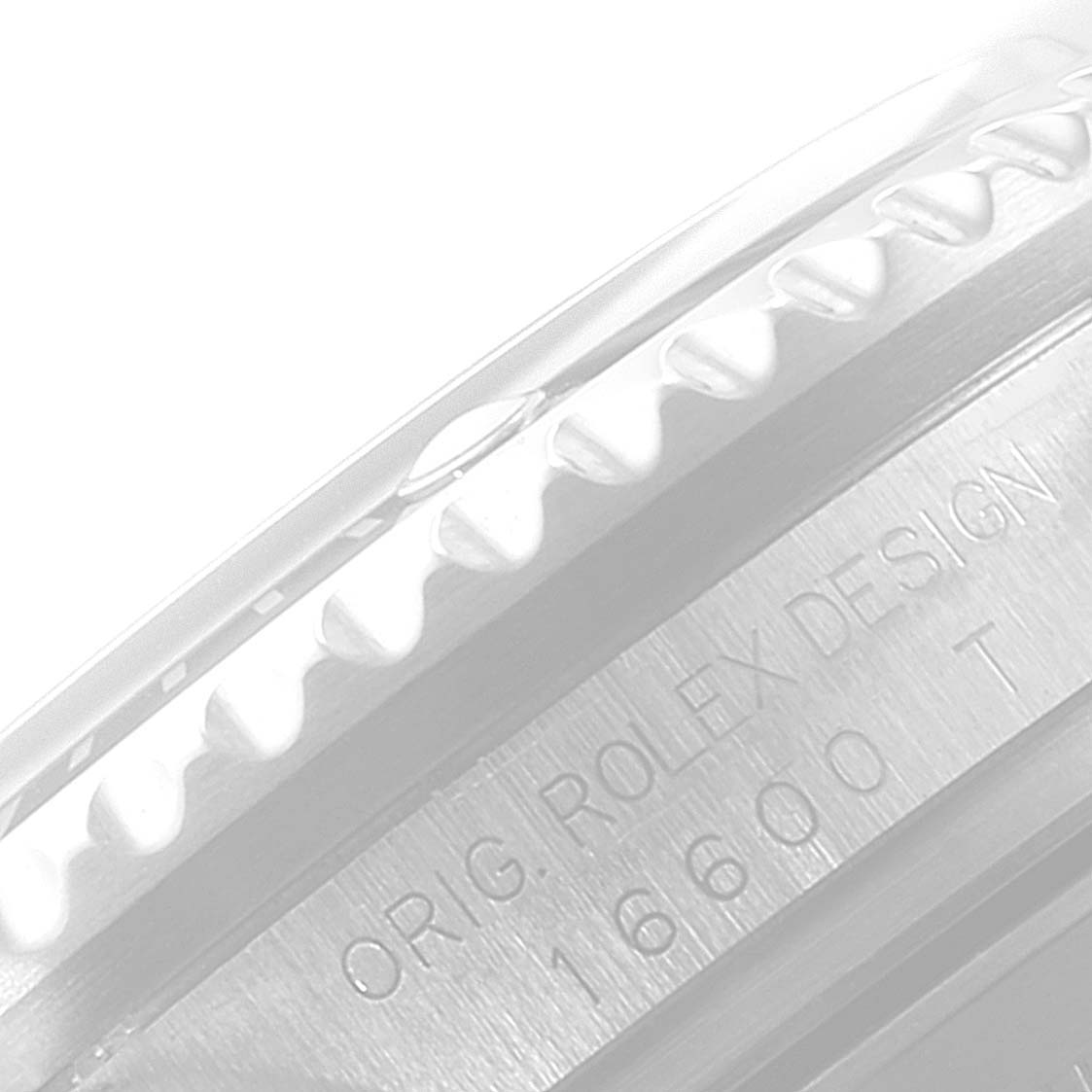 The image shows a close-up of the side bezel and case of the Rolex Sea-Dweller 16600 Men
s Stainless Steel Black Dial 16600 Men
s Stainless Steel Black Dial watch, with the model number engraved.