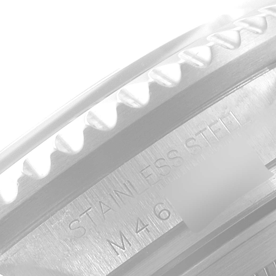 This is a close-up view of the engraved stainless steel part of a Rolex Sea-Dweller 16600 Men
s Stainless Steel Black Dial 16600 Men
s Stainless Steel Black Dial watch.