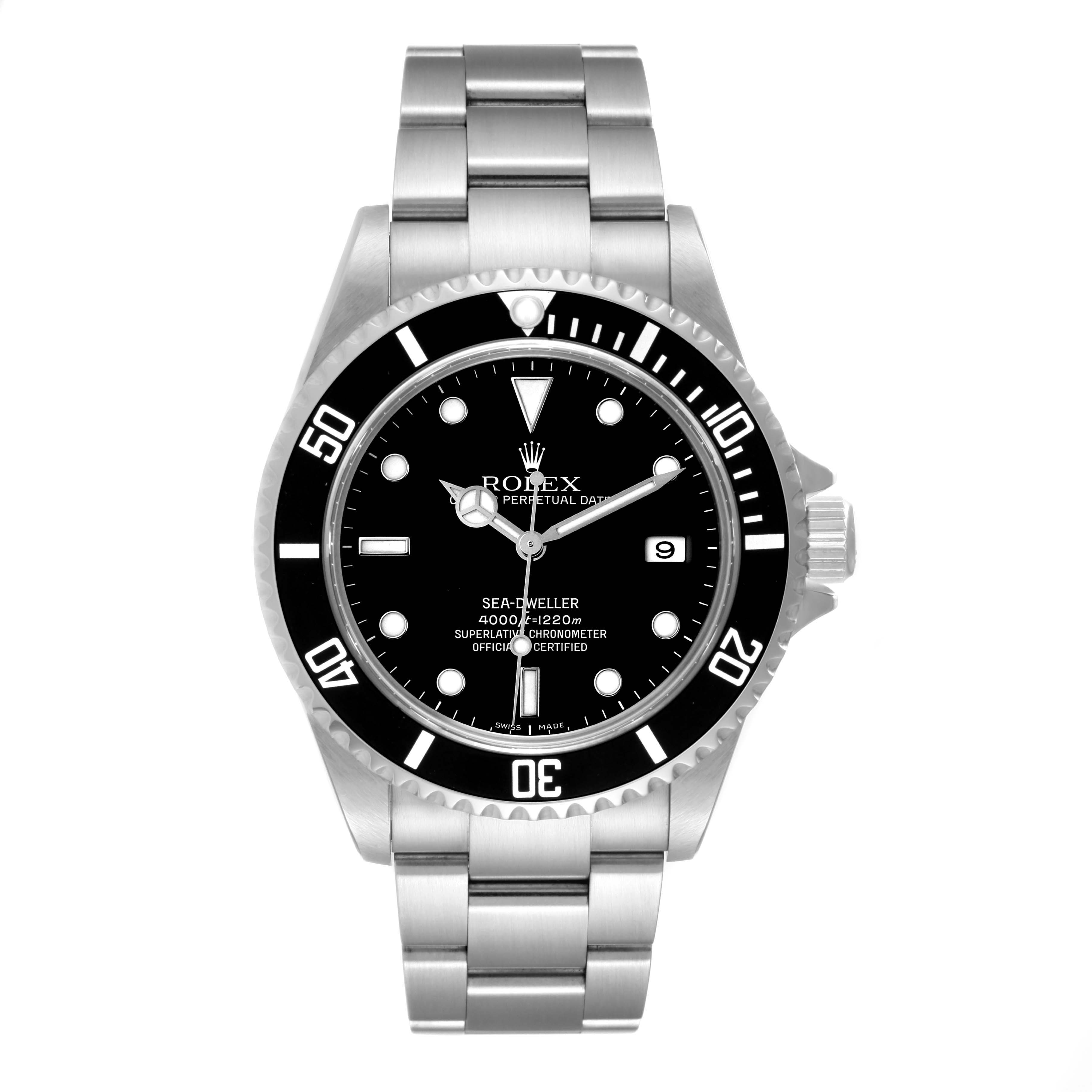 The Rolex Sea-Dweller 16600 Men
s Stainless Steel Black Dial 16600 Men
s Stainless Steel Black Dial model is shown from the front, displaying the dial, bezel, crown, and bracelet.