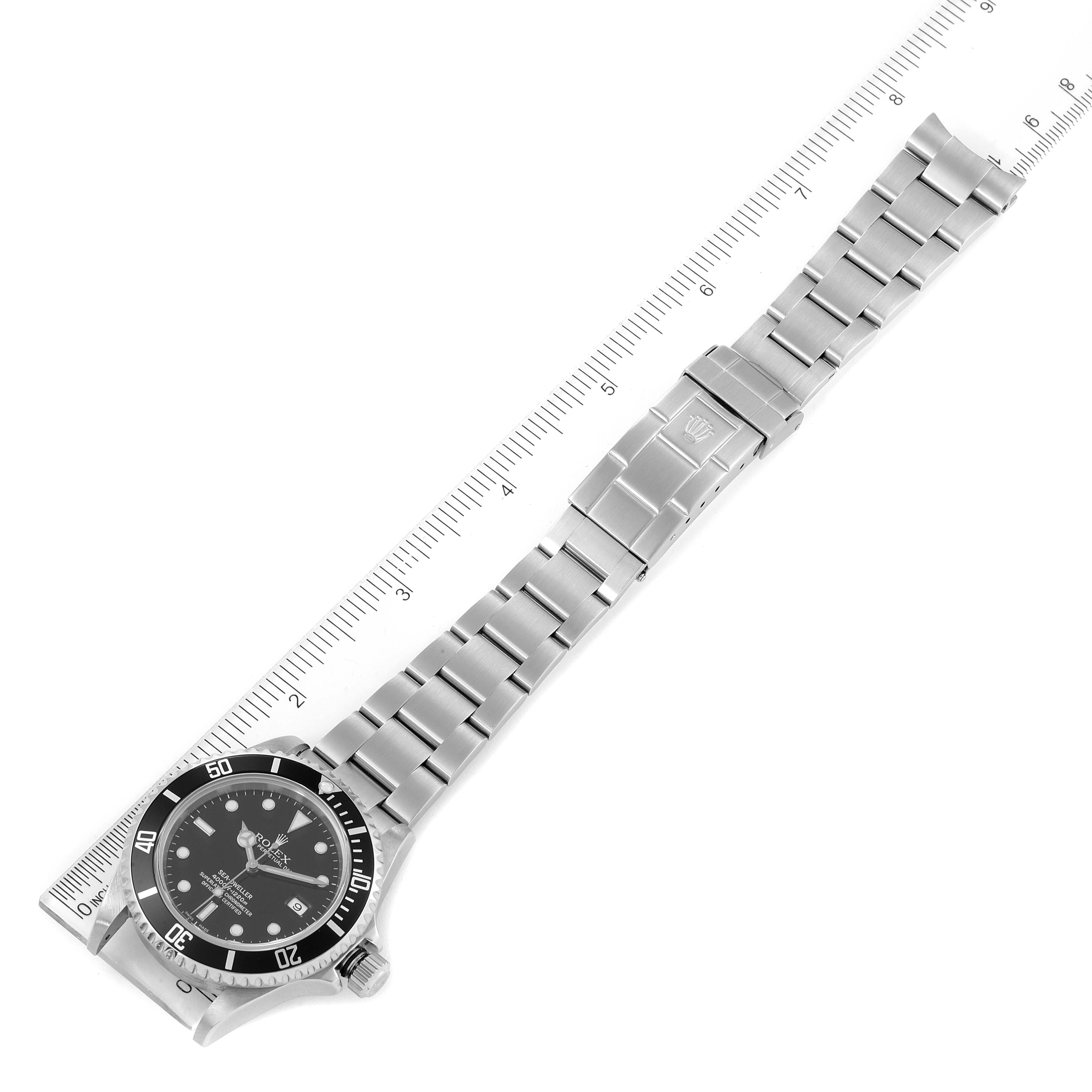 The Rolex Sea-Dweller 16600 Men
s Stainless Steel Black Dial 16600 Men
s Stainless Steel Black Dial watch is shown from a top-down angle, displaying its full face, bezel, and metal bracelet.