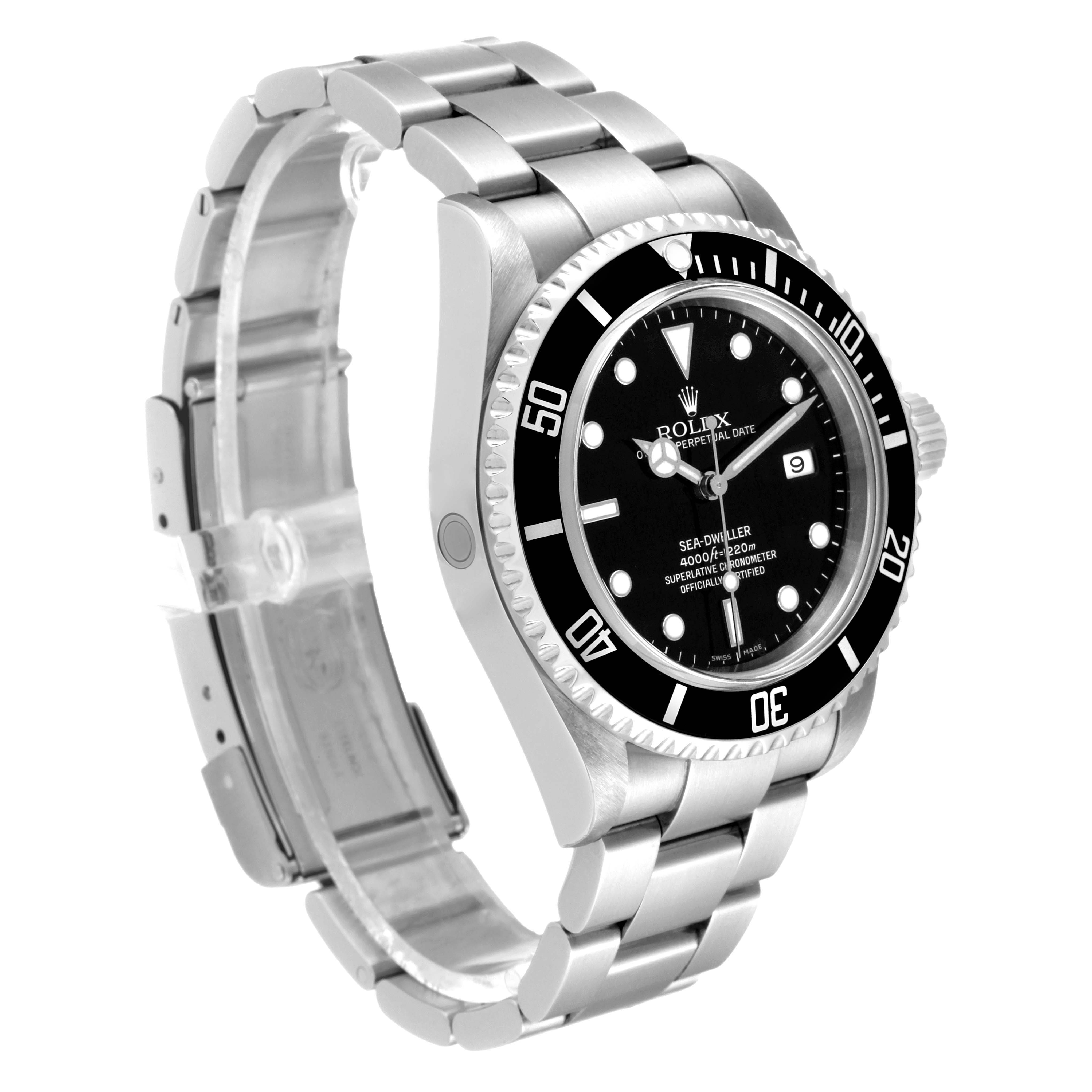 The image shows a side-angle view of the Rolex Sea-Dweller 16600 Men
s Stainless Steel Black Dial 16600 Men
s Stainless Steel Black Dial watch, including the dial, bezel, and bracelet.
