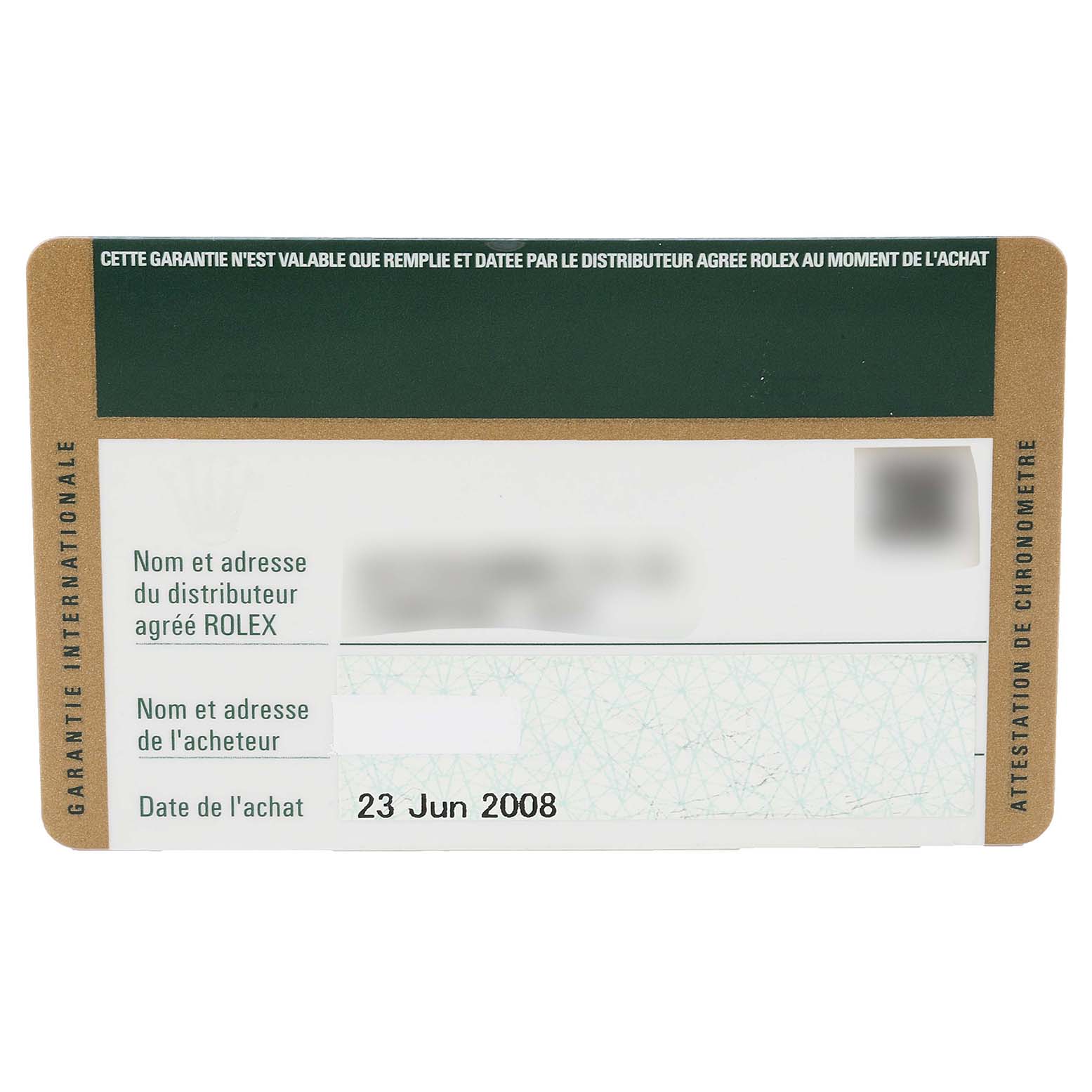 This image shows the guarantee card for the Rolex Sea-Dweller 16600 Men
s Stainless Steel Black Dial 16600 Men
s Stainless Steel Black Dial, displaying purchase and distributor information.