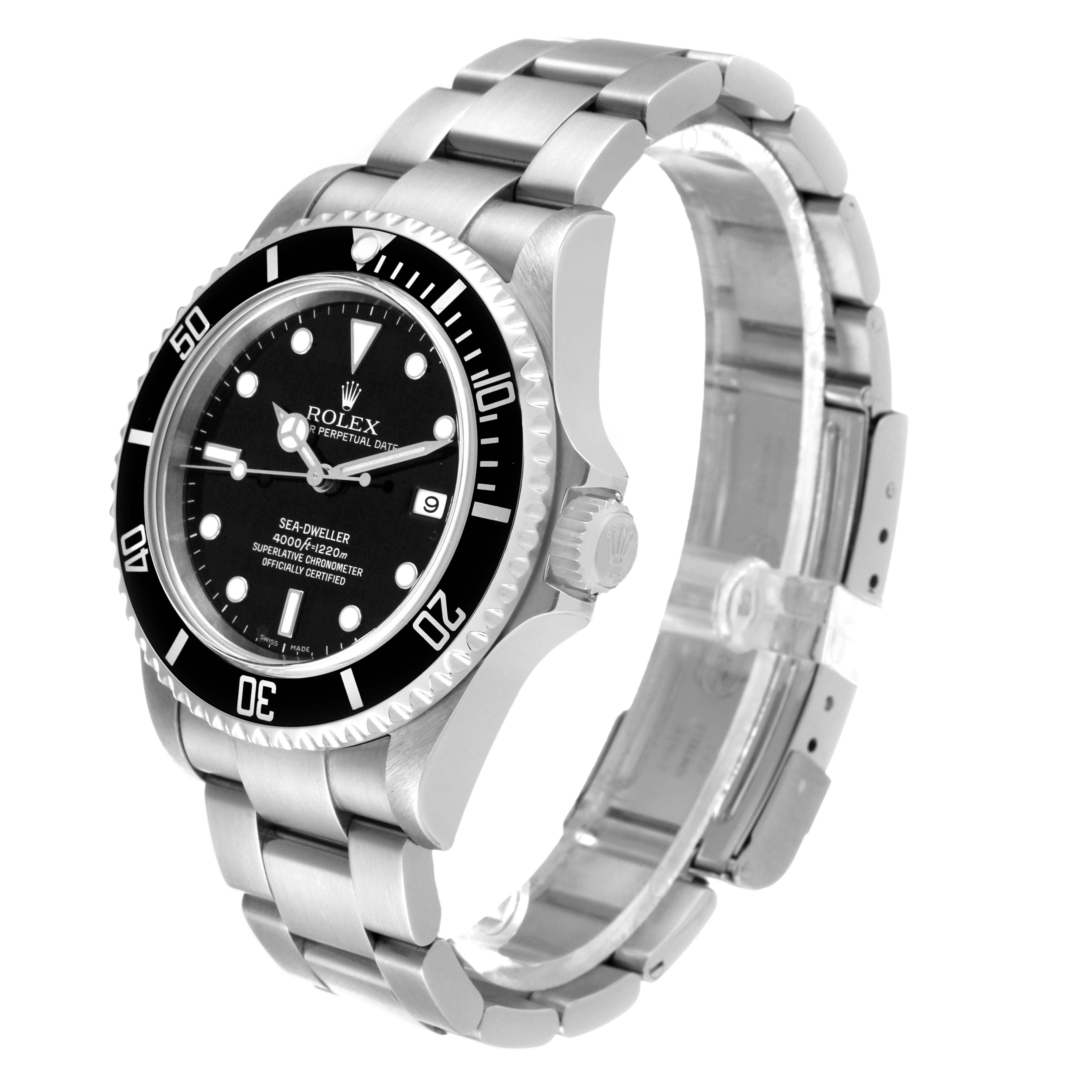 The image shows a Rolex Sea-Dweller 16600 Men
s Stainless Steel Black Dial 16600 Men
s Stainless Steel Black Dial watch at a 3/4 angle, depicting the face, bezel, crown, and bracelet.