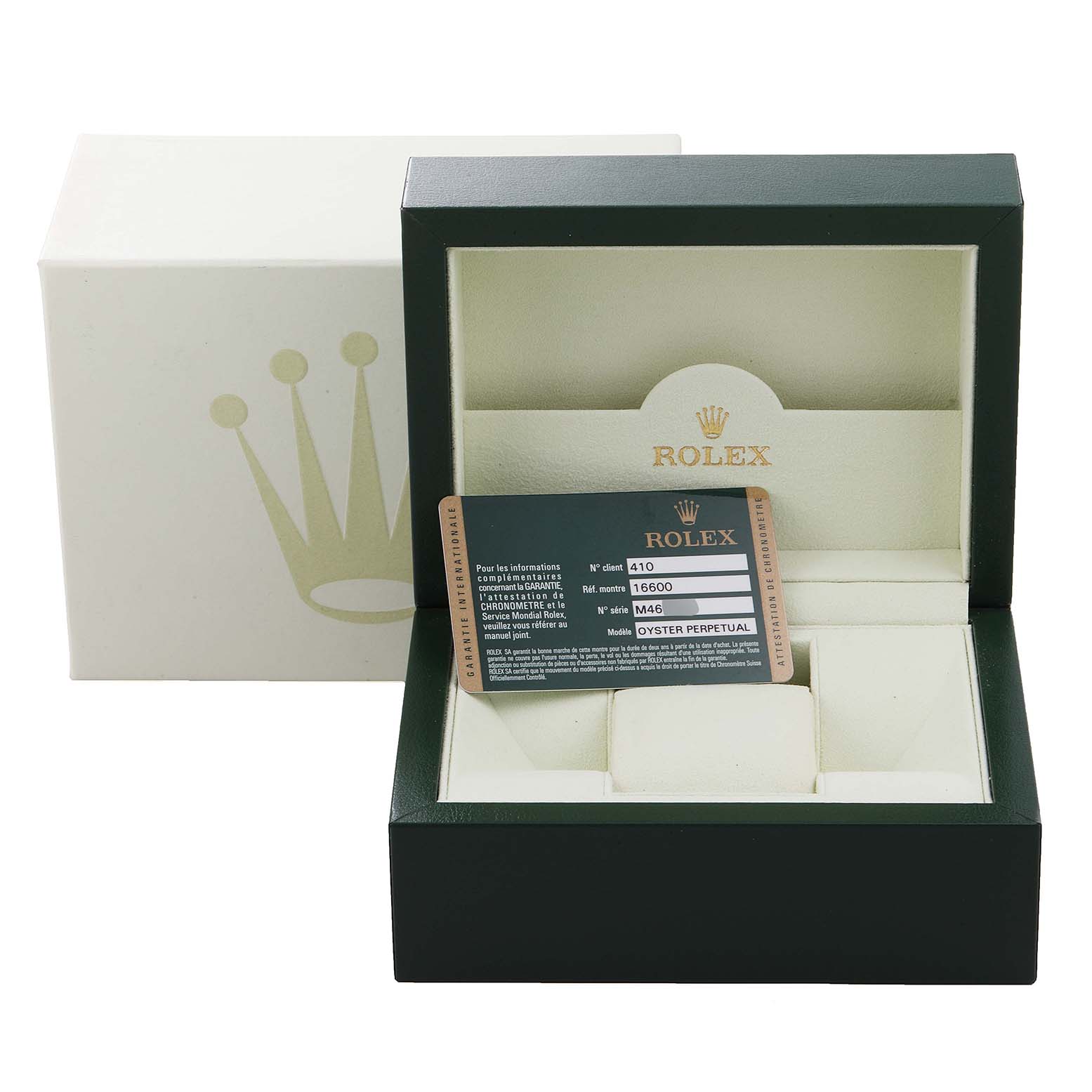 This image shows the packaging and certification card for the Rolex Sea-Dweller 16600 Men
s Stainless Steel Black Dial 16600 Men
s Stainless Steel Black Dial model, with the watch box open and the outer box behind it.