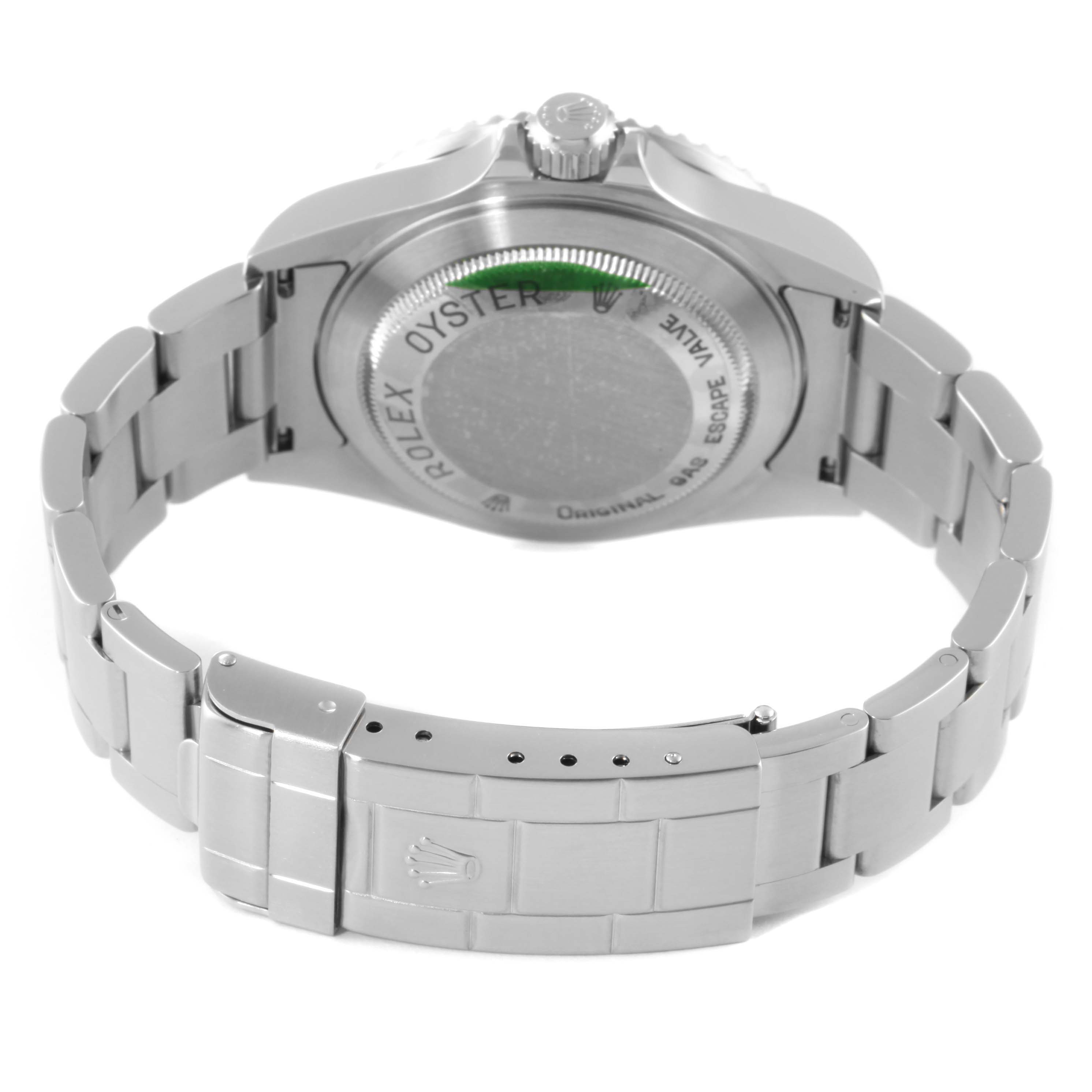 The image shows the back view of a Rolex Sea-Dweller 16600 Men
s Stainless Steel Black Dial 16600 Men
s Stainless Steel Black Dial watch, highlighting the case back and the metal bracelet with the clasp.