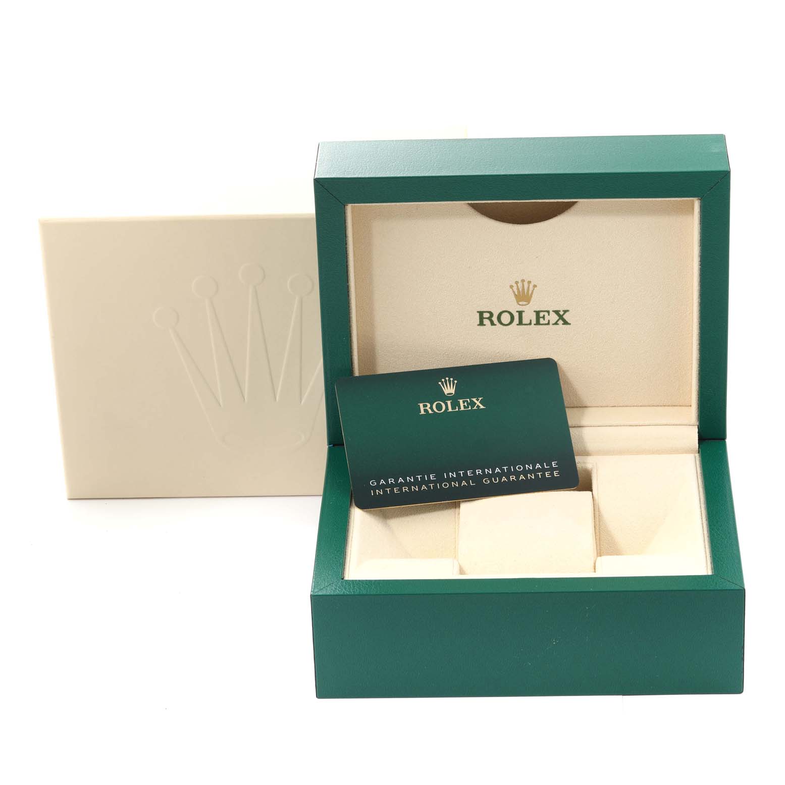 The image shows the open packaging box and warranty card for a Rolex Sea-Dweller 126600 Men
s Stainless Steel Black Dial 126600 Men
s Stainless Steel Black Dial watch.