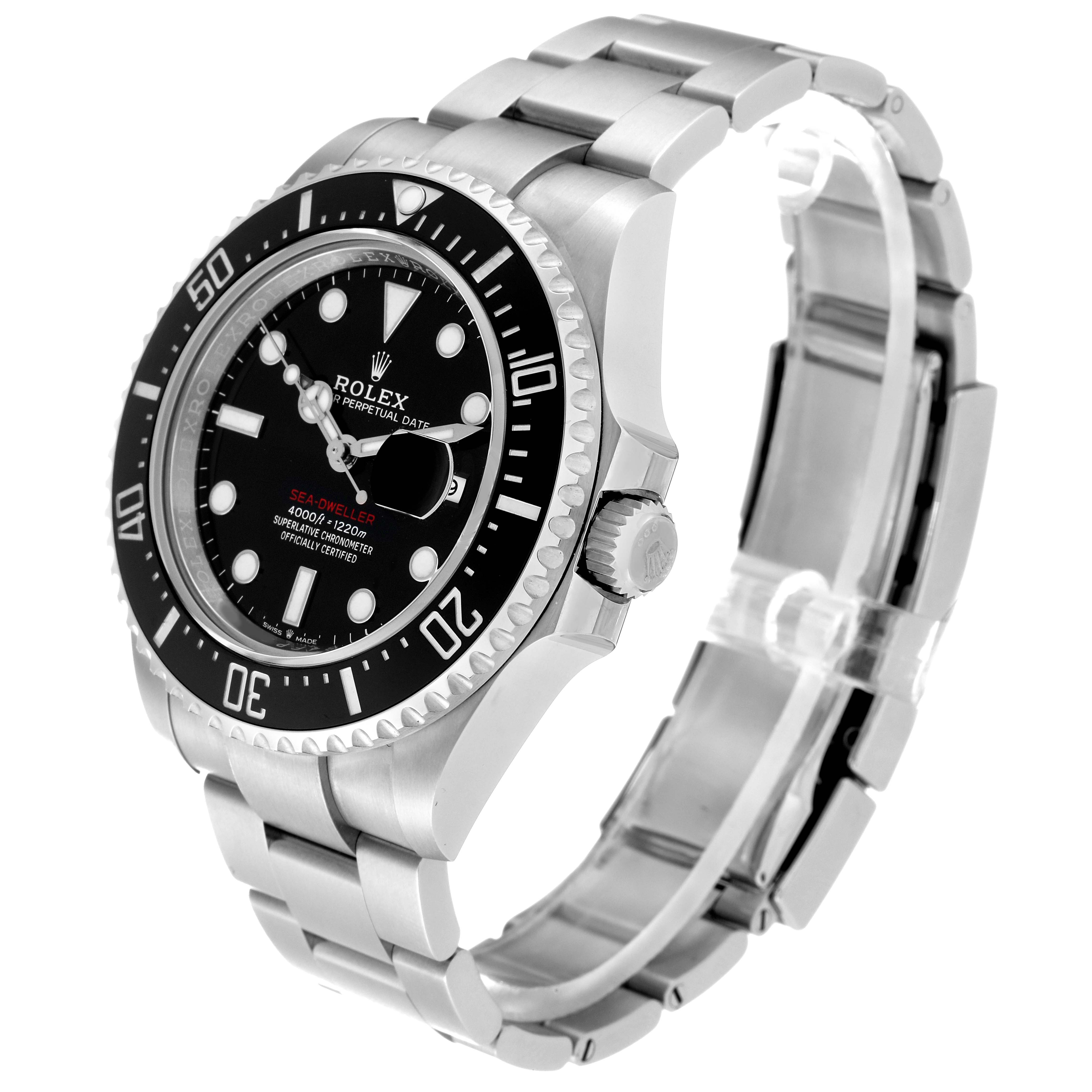 The Rolex Sea-Dweller 126600 Men
s Stainless Steel Black Dial 126600 Men
s Stainless Steel Black Dial watch is shown at a three-quarter angle, highlighting the case, dial, bezel, bracelet, and crown.