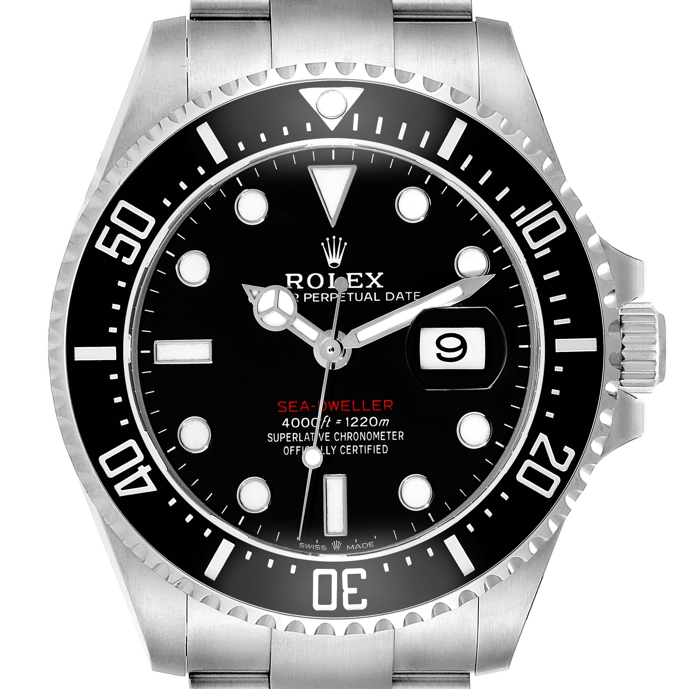 This image shows a frontal view of the Rolex Sea-Dweller 126600 Men
s Stainless Steel Black Dial 126600 Men
s Stainless Steel Black Dial watch, highlighting its bezel, dial, hands, and date window.