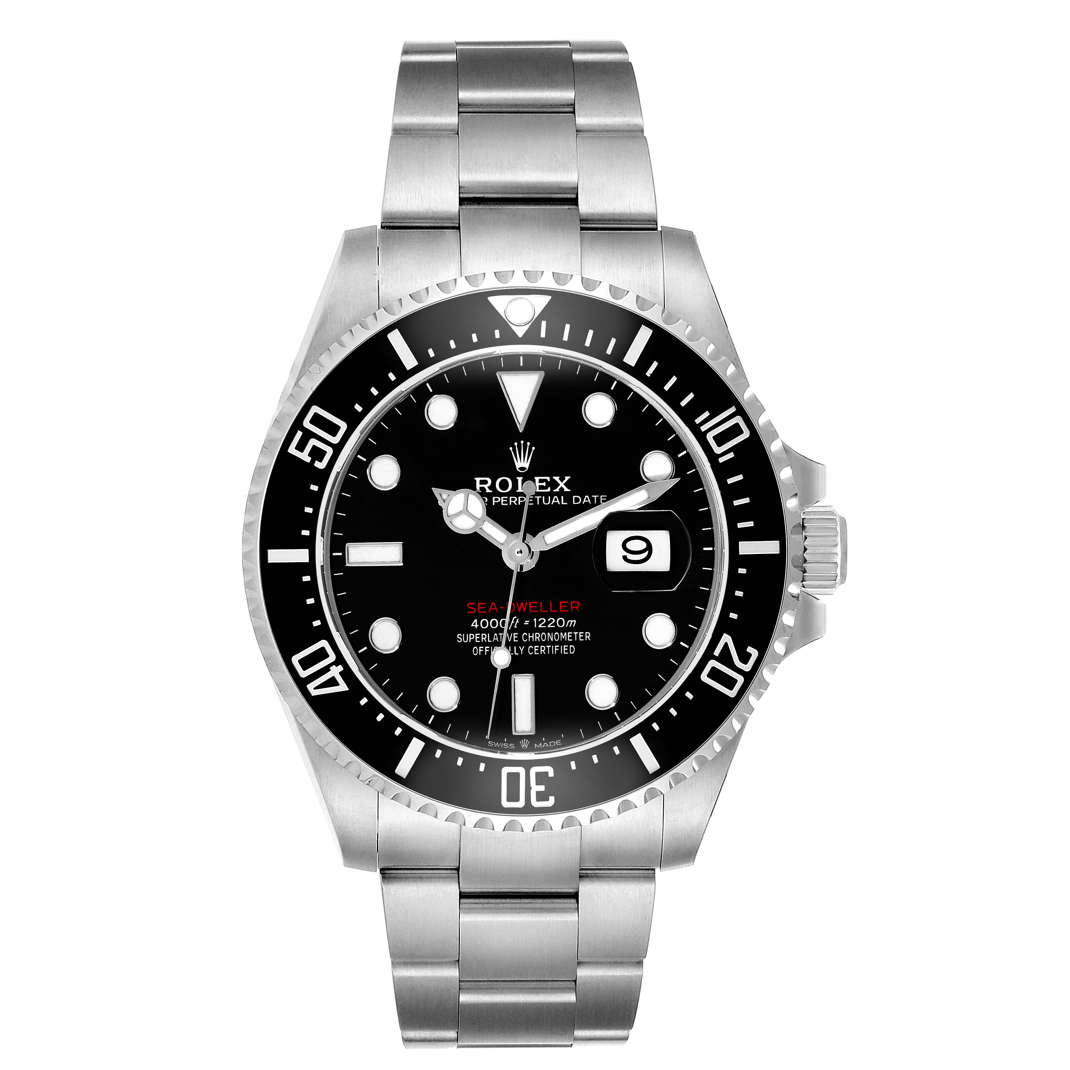 The image shows a front view of a Rolex Sea-Dweller 126600 Men
s Stainless Steel Black Dial 126600 Men
s Stainless Steel Black Dial watch, highlighting its dial, bezel, and bracelet.