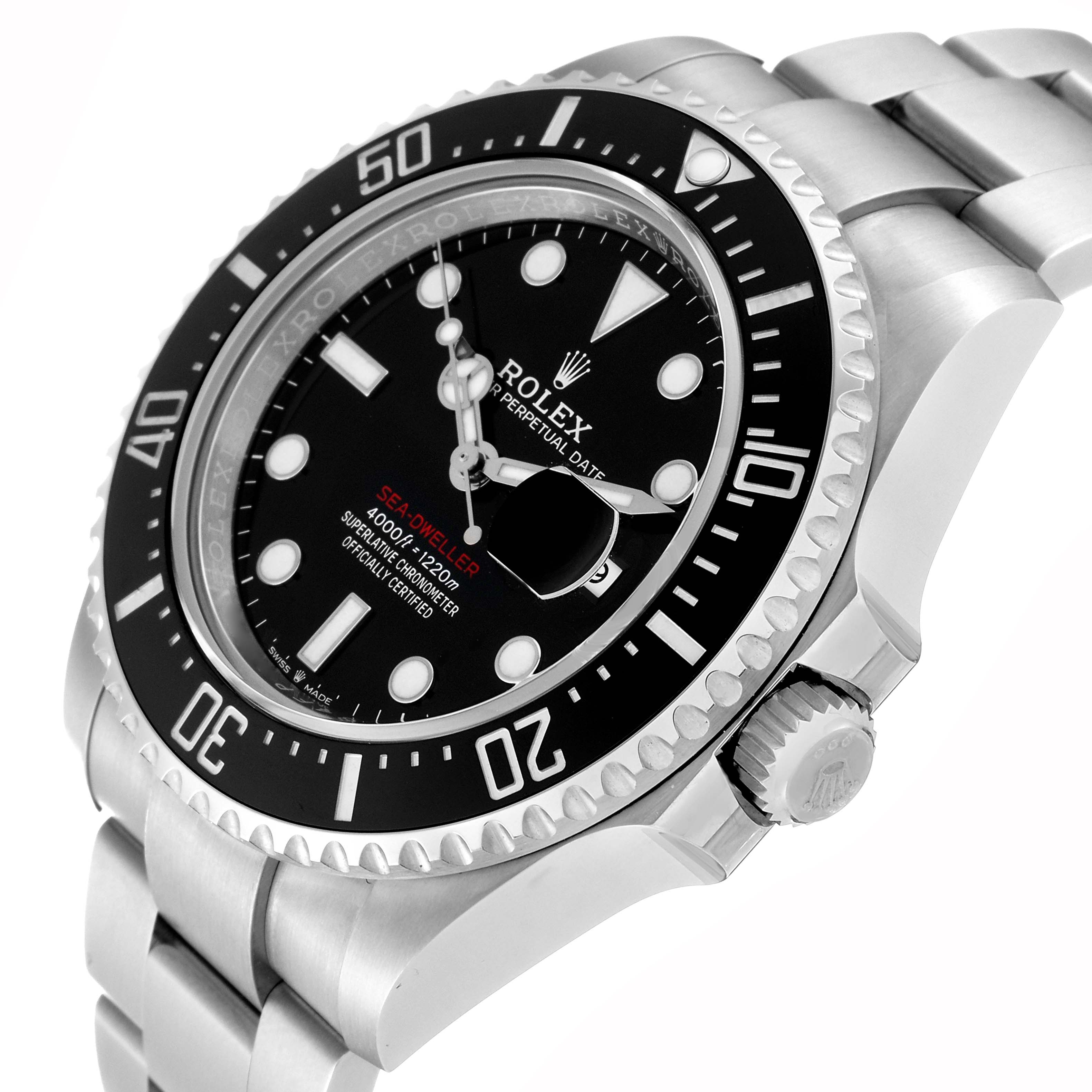 The Rolex Sea-Dweller 126600 Men
s Stainless Steel Black Dial 126600 Men
s Stainless Steel Black Dial watch is shown from a three-quarter angle, highlighting the bezel, dial, crown, and part of the bracelet.
