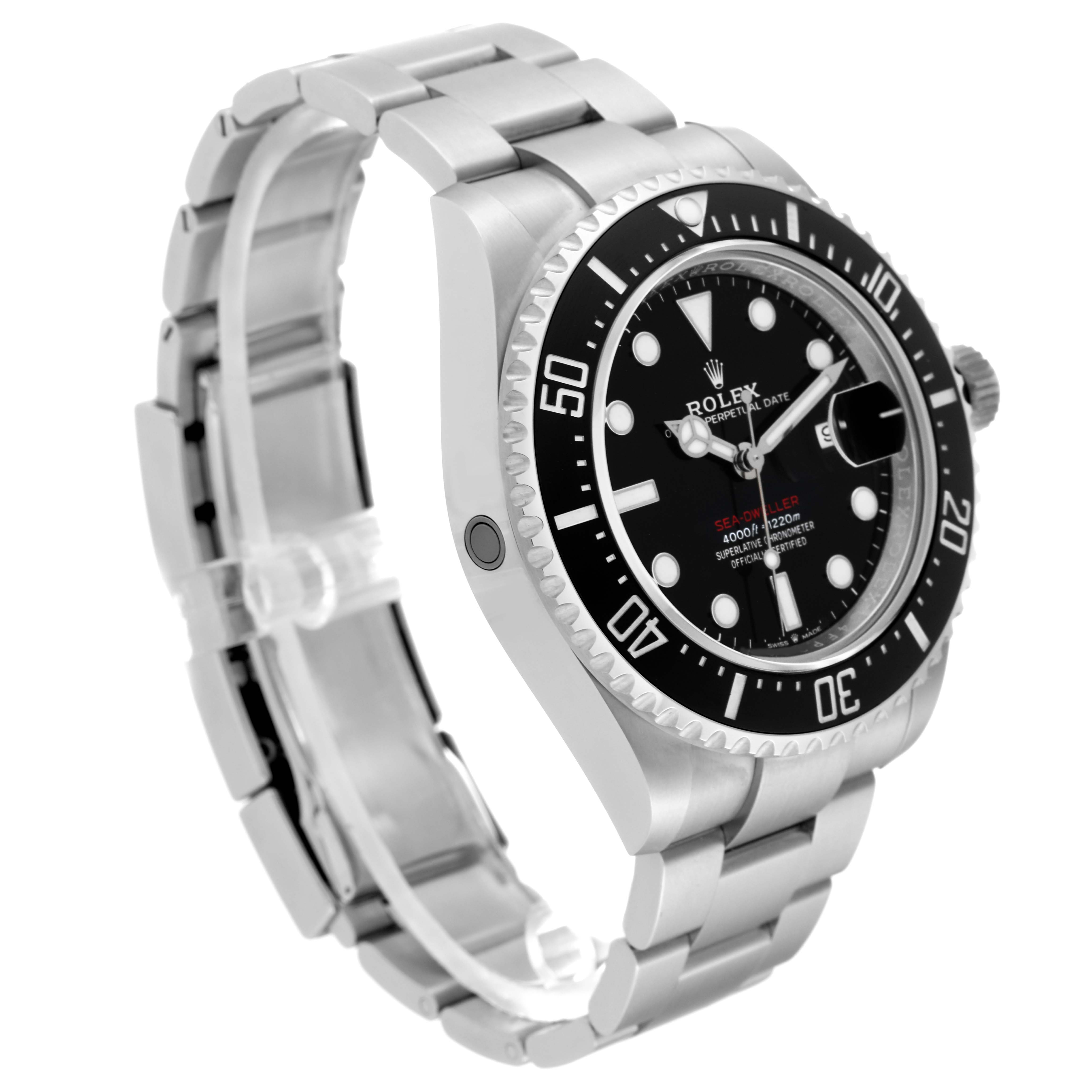The image shows a Rolex Sea-Dweller 126600 Men
s Stainless Steel Black Dial 126600 Men
s Stainless Steel Black Dial watch at an angled side view, highlighting its face, bezel, and metal bracelet.