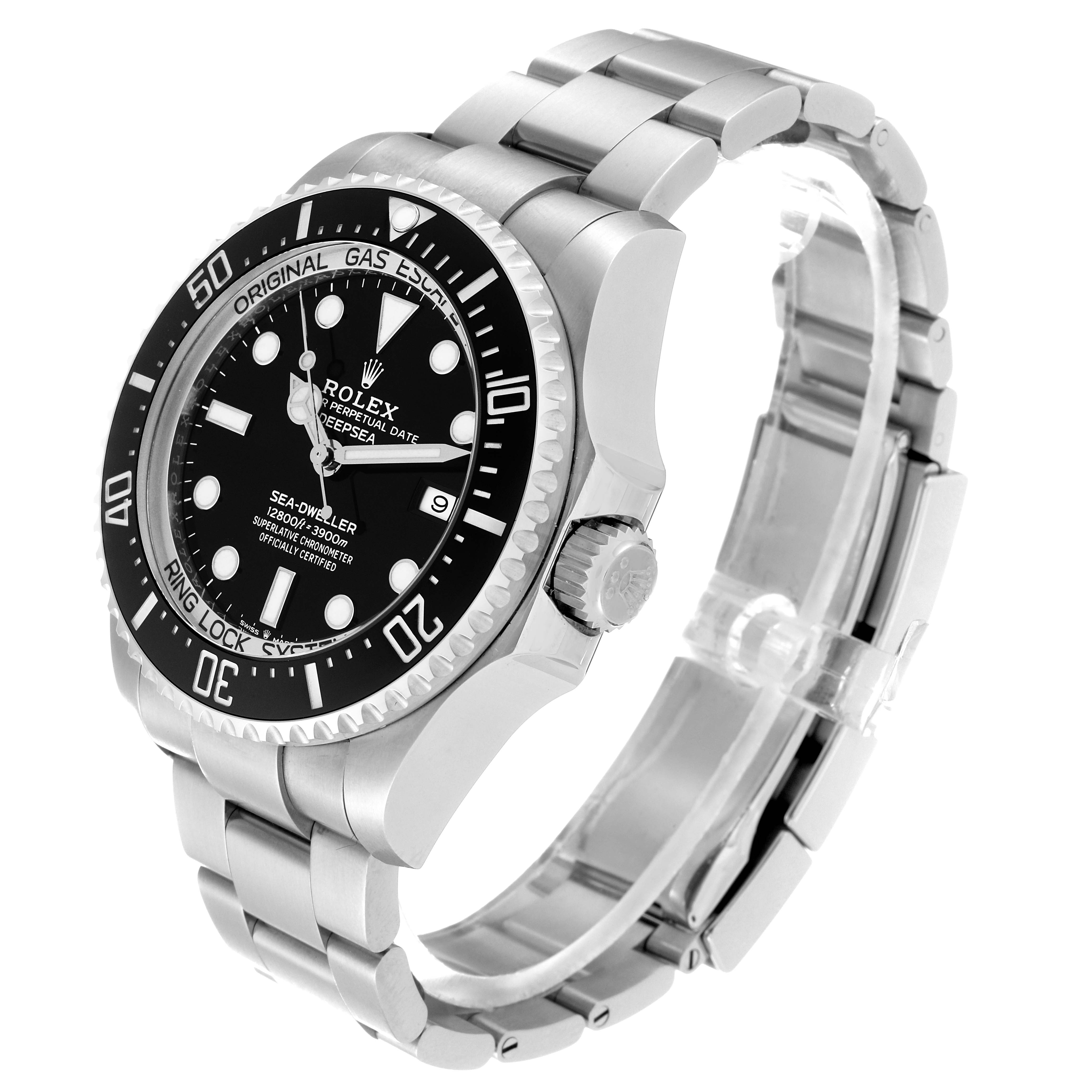 The image shows a side view of the Rolex Sea-Dweller 126660 Men's Stainless Steel Black Dial 126660 Men's Stainless Steel Black Dial watch, highlighting the face, bezel, crown, and metal bracelet.