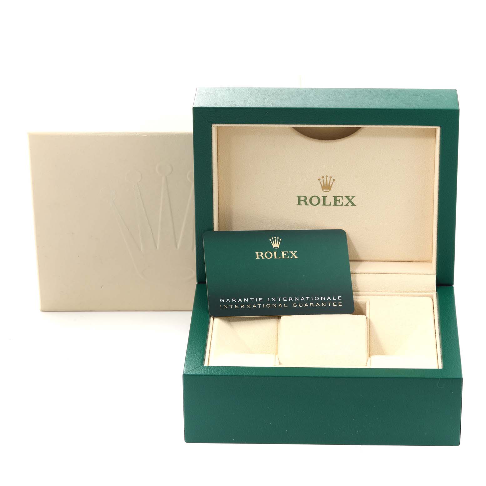 The image shows an open Rolex Sea-Dweller 126660 Men's Stainless Steel Black Dial 126660 Men's Stainless Steel Black Dial watch box with an international guarantee card inside.