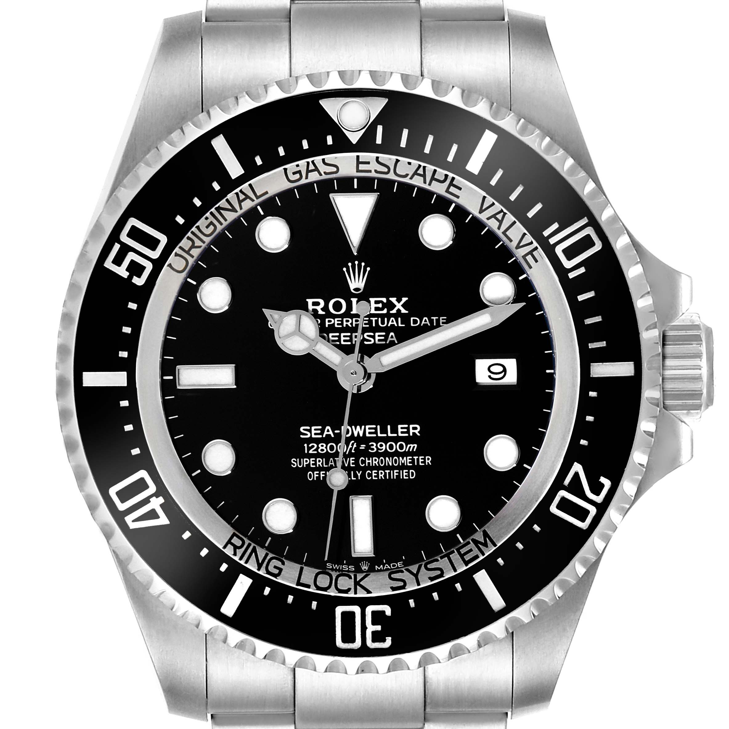 This image shows a front view of the Rolex Sea-Dweller 126660 Men's Stainless Steel Black Dial 126660 Men's Stainless Steel Black Dial watch, highlighting its dial, bezel, and part of the stainless steel bracelet.