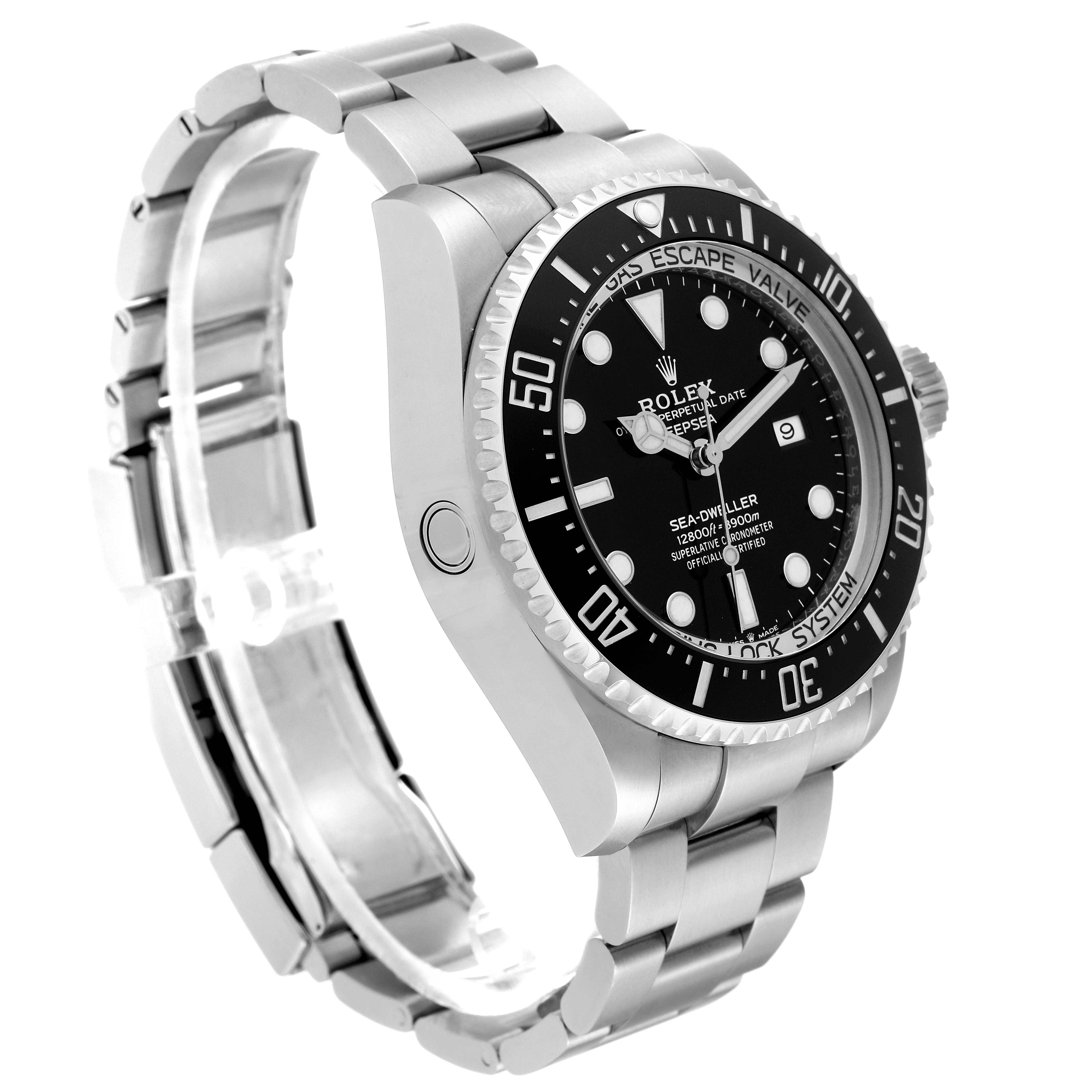 The Rolex Sea-Dweller 126660 Men's Stainless Steel Black Dial 126660 Men's Stainless Steel Black Dial watch is shown at an angled side view, displaying the face, bezel, crown, and metal bracelet.
