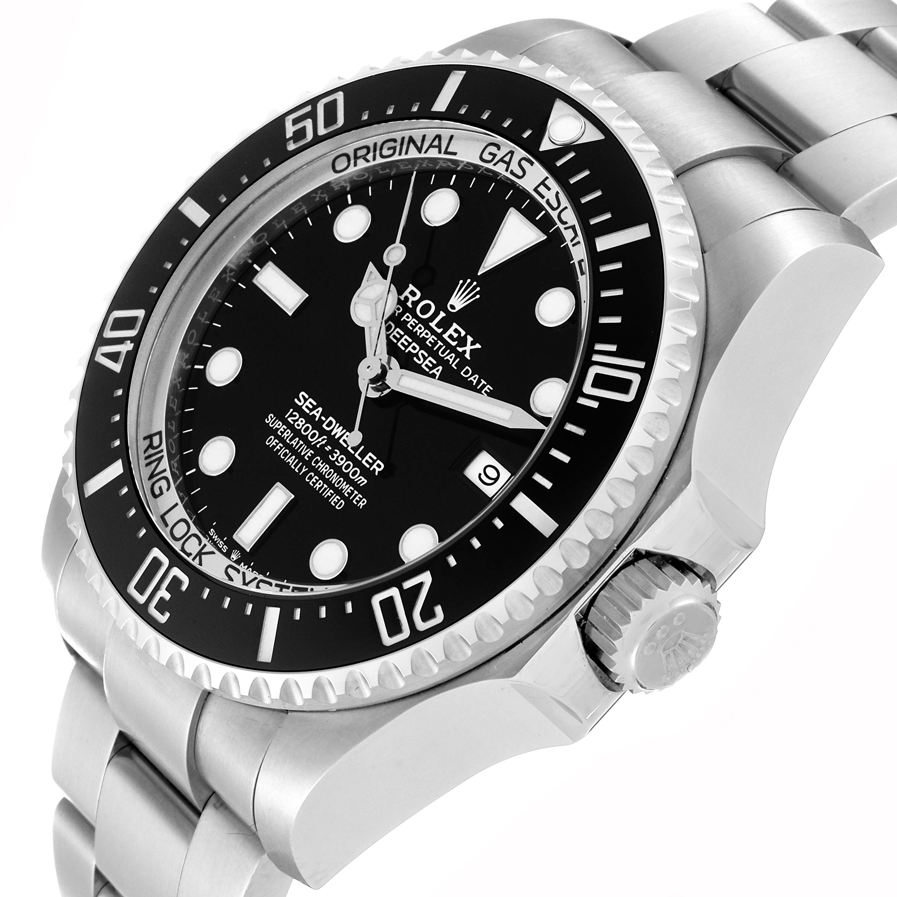 This image shows a Rolex Sea-Dweller 126660 Men's Stainless Steel Black Dial 126660 Men's Stainless Steel Black Dial watch angled from the top-right, highlighting its dial, bezel, and part of the bracelet.