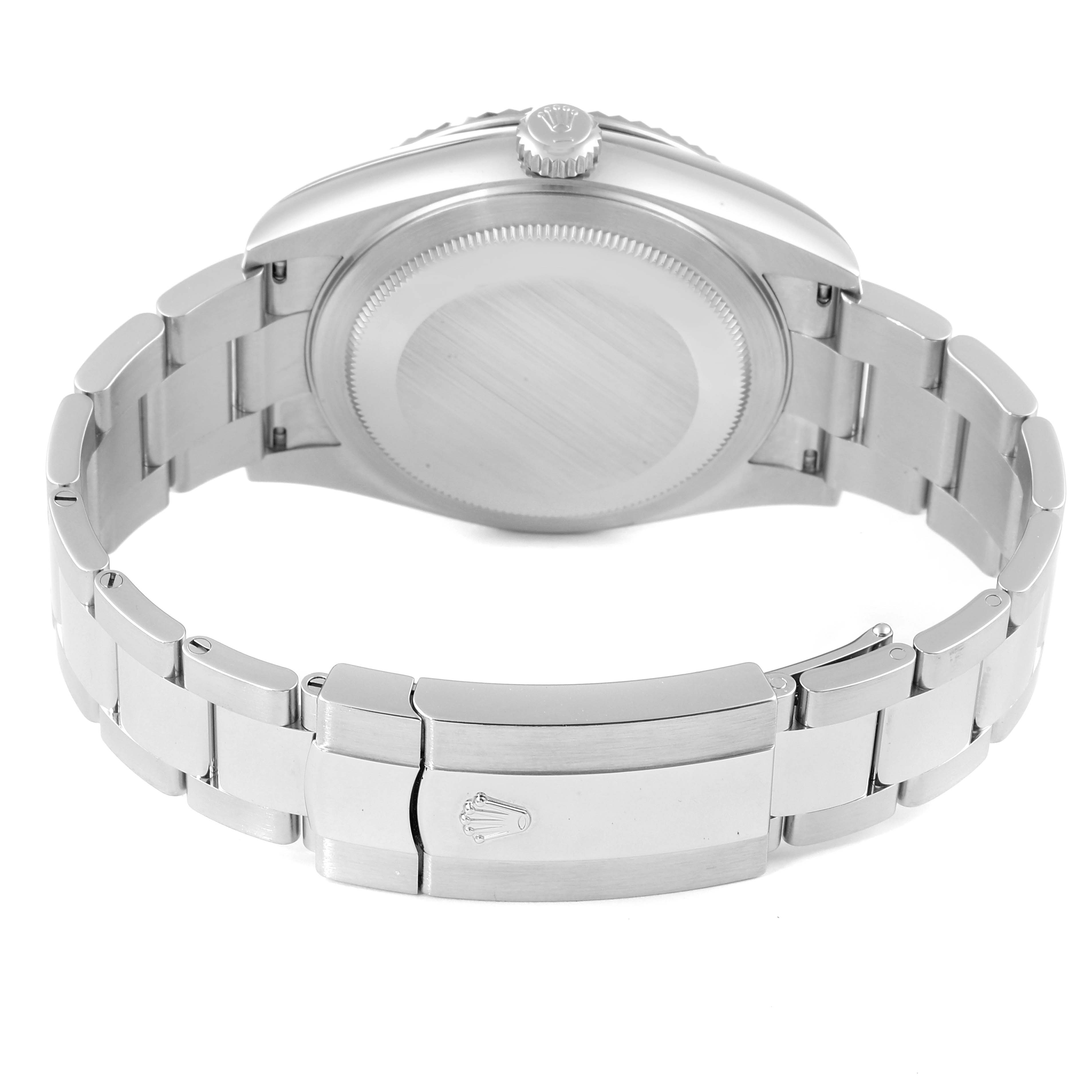 The image showcases the back view of a Rolex Sky-Dweller 326934 Men's Stainless Steel White Dial 326934 Men's Stainless Steel White Dial watch, highlighting its caseback, crown, and bracelet clasp with logo.