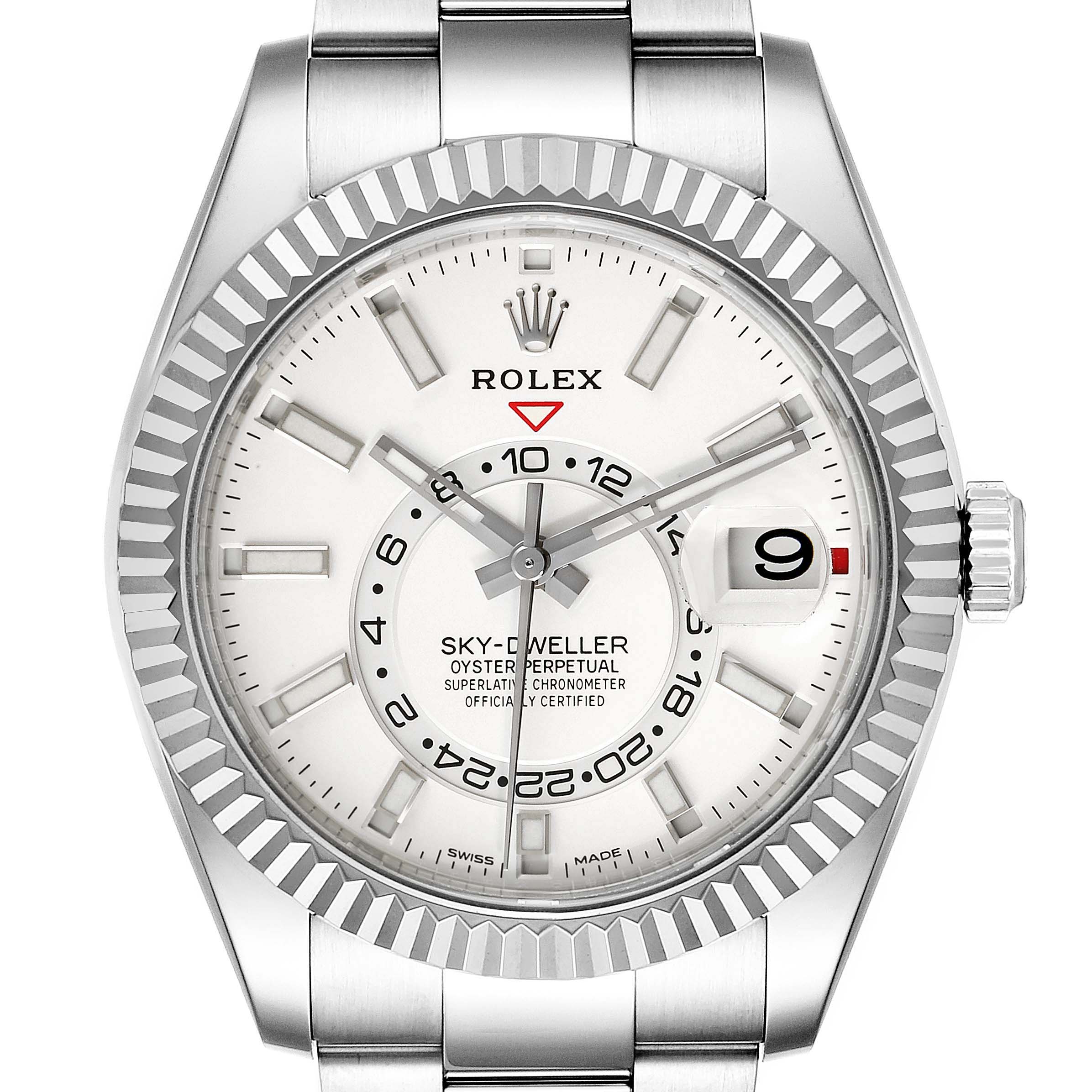 This image shows a front view of a Rolex Sky-Dweller 326934 Men's Stainless Steel White Dial 326934 Men's Stainless Steel White Dial watch, highlighting its dial, bezel, and crown.