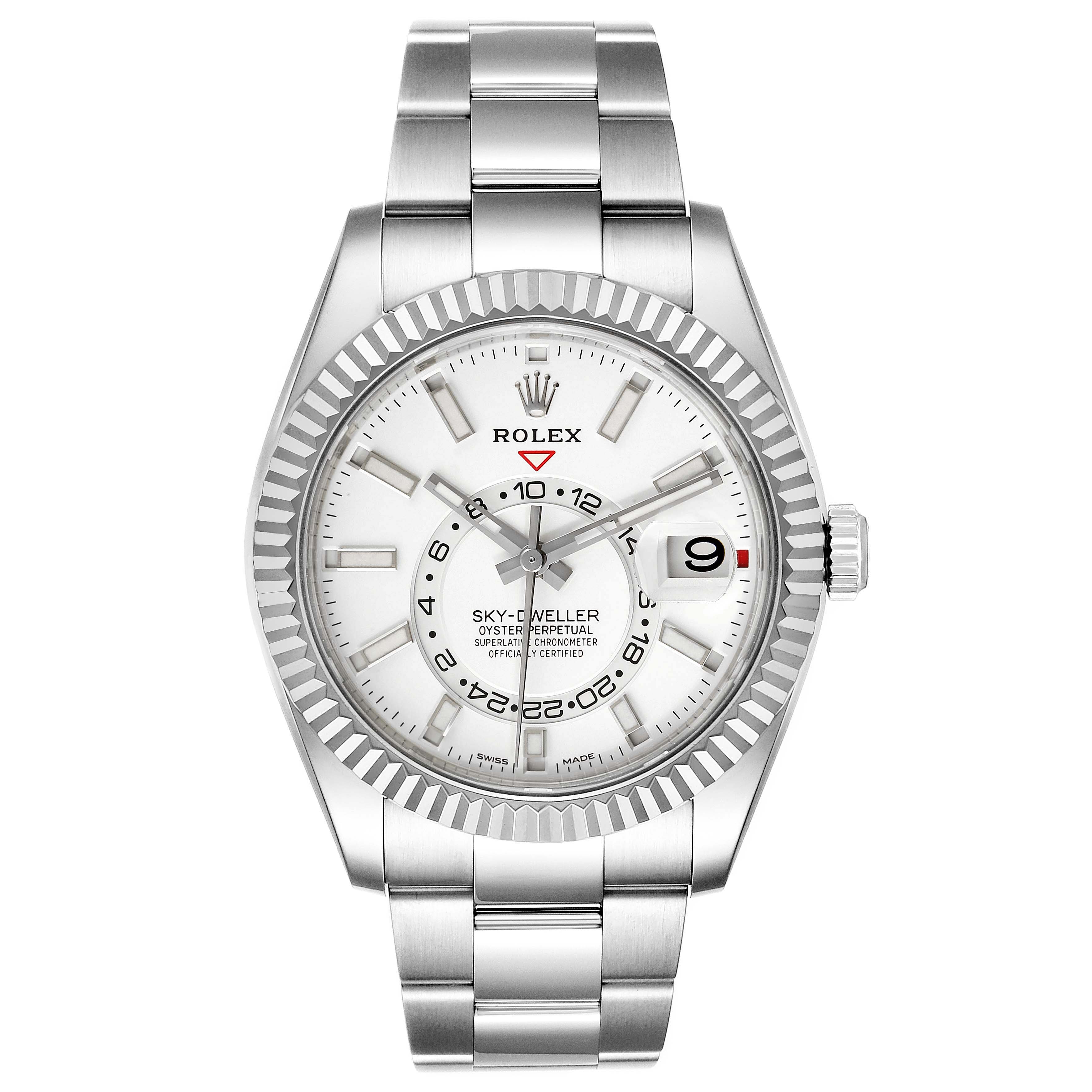 The image shows a front view of the Rolex Sky-Dweller 326934 Men's Stainless Steel White Dial 326934 Men's Stainless Steel White Dial watch, displaying the face, bezel, and bracelet.