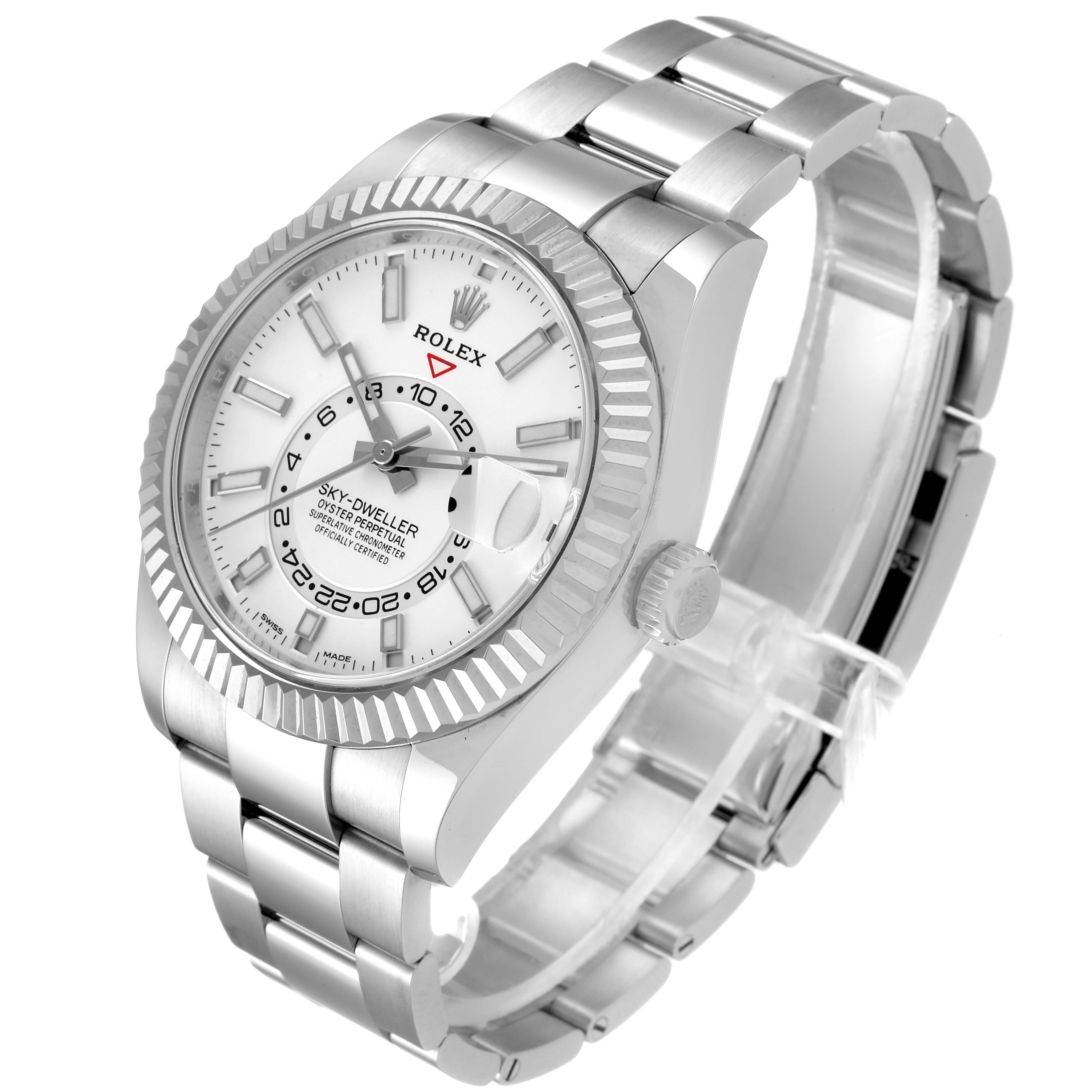 The image shows a Rolex Sky-Dweller 326934 Men's Stainless Steel White Dial 326934 Men's Stainless Steel White Dial watch from a three-quarter angle, displaying the face, bezel, crown, and bracelet.