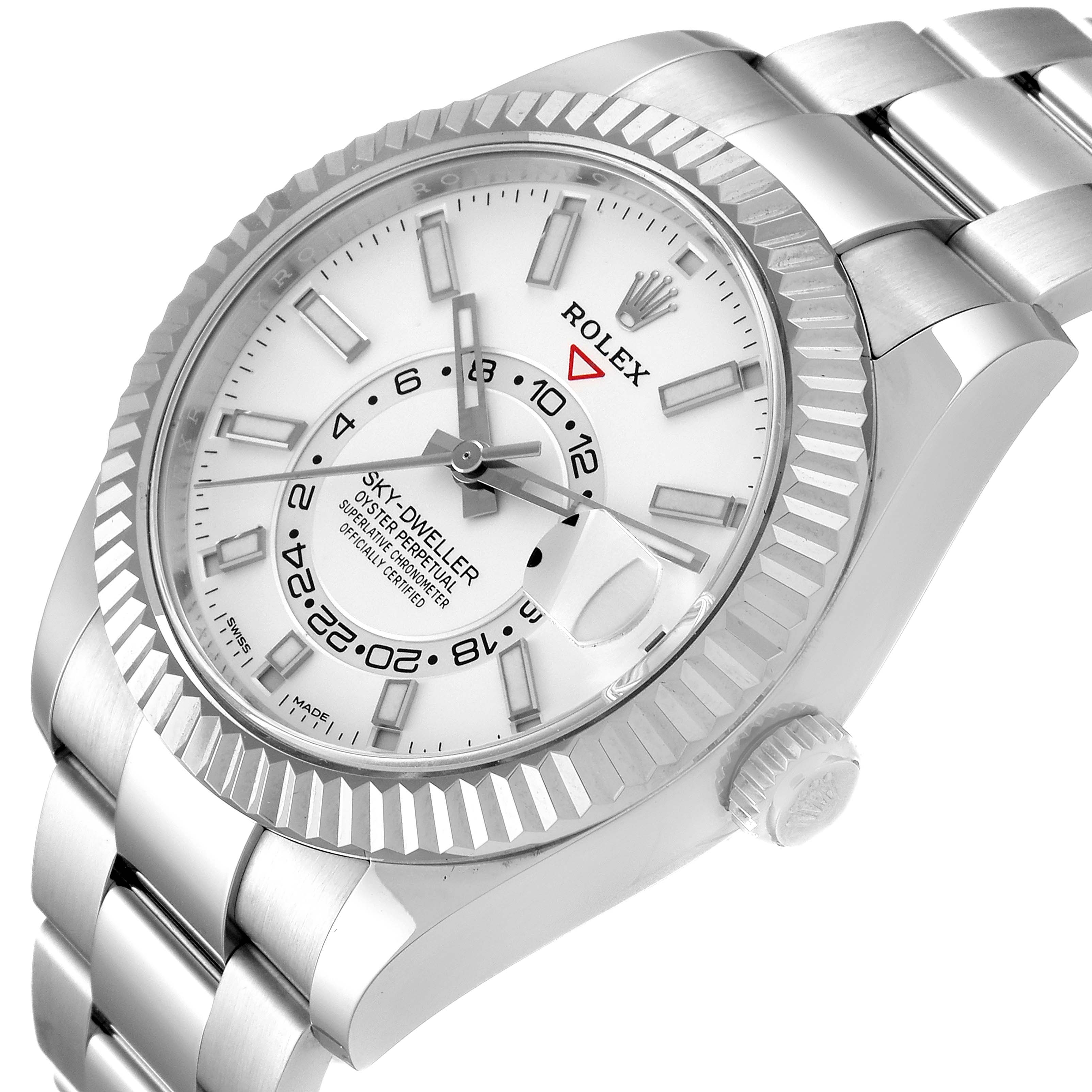 The image shows a close-up angled view of the Rolex Sky-Dweller 326934 Men's Stainless Steel White Dial 326934 Men's Stainless Steel White Dial watch, highlighting the dial, bezel, and part of the bracelet.