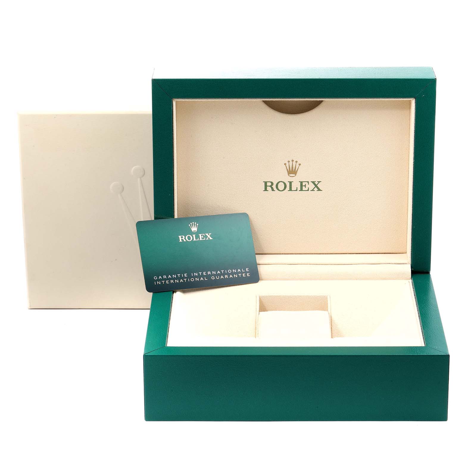 The image shows an open box for the Rolex Sky-Dweller 326934 Men's Stainless Steel White Dial 326934 Men's Stainless Steel White Dial, along with its international guarantee card.