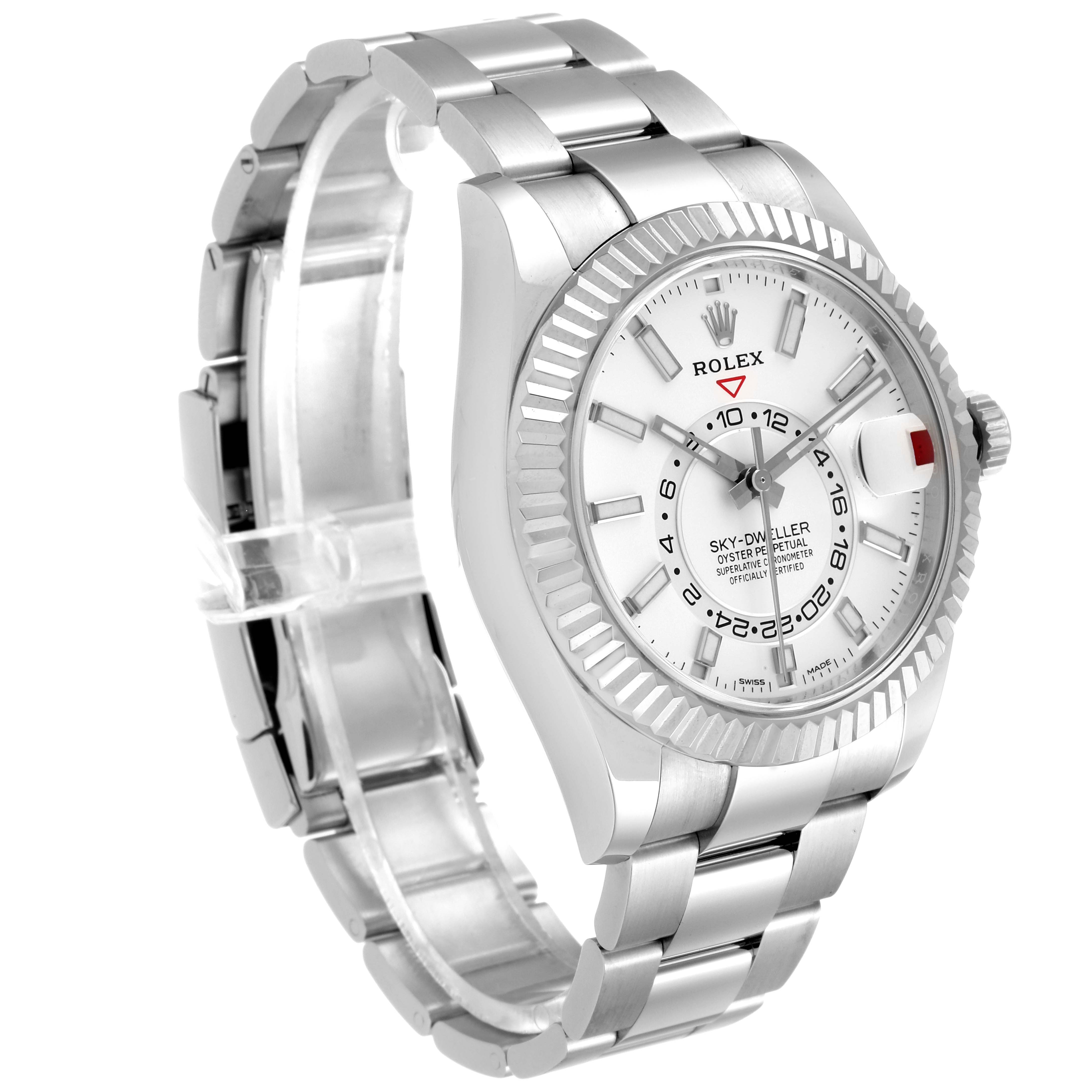 The image shows a front and side view of the Rolex Sky-Dweller 326934 Men's Stainless Steel White Dial 326934 Men's Stainless Steel White Dial watch, focusing on the dial, bezel, and the stainless steel bracelet.