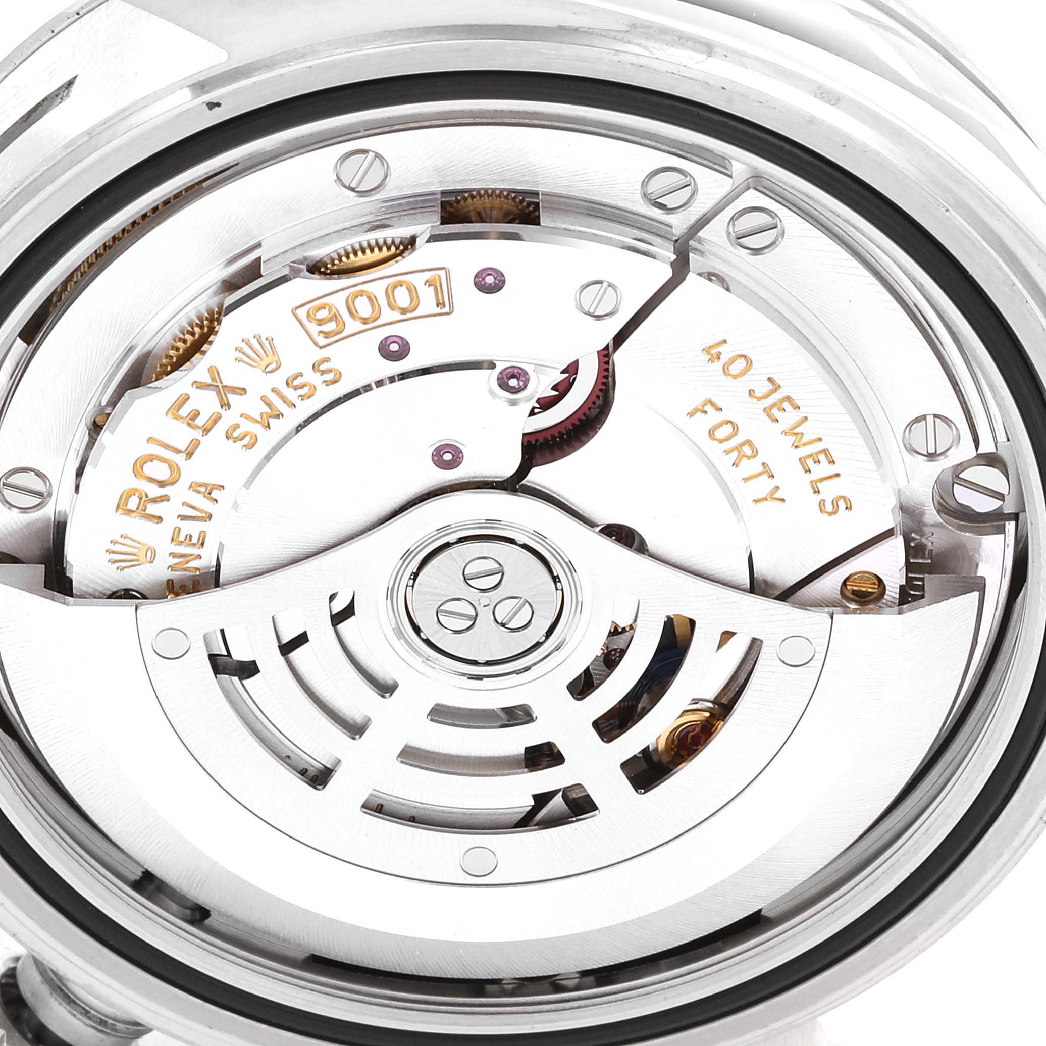 This is a close-up view of the internal mechanism of the Rolex Sky-Dweller 326934 Men's Stainless Steel White Dial 326934 Men's Stainless Steel White Dial, showing the movement components.