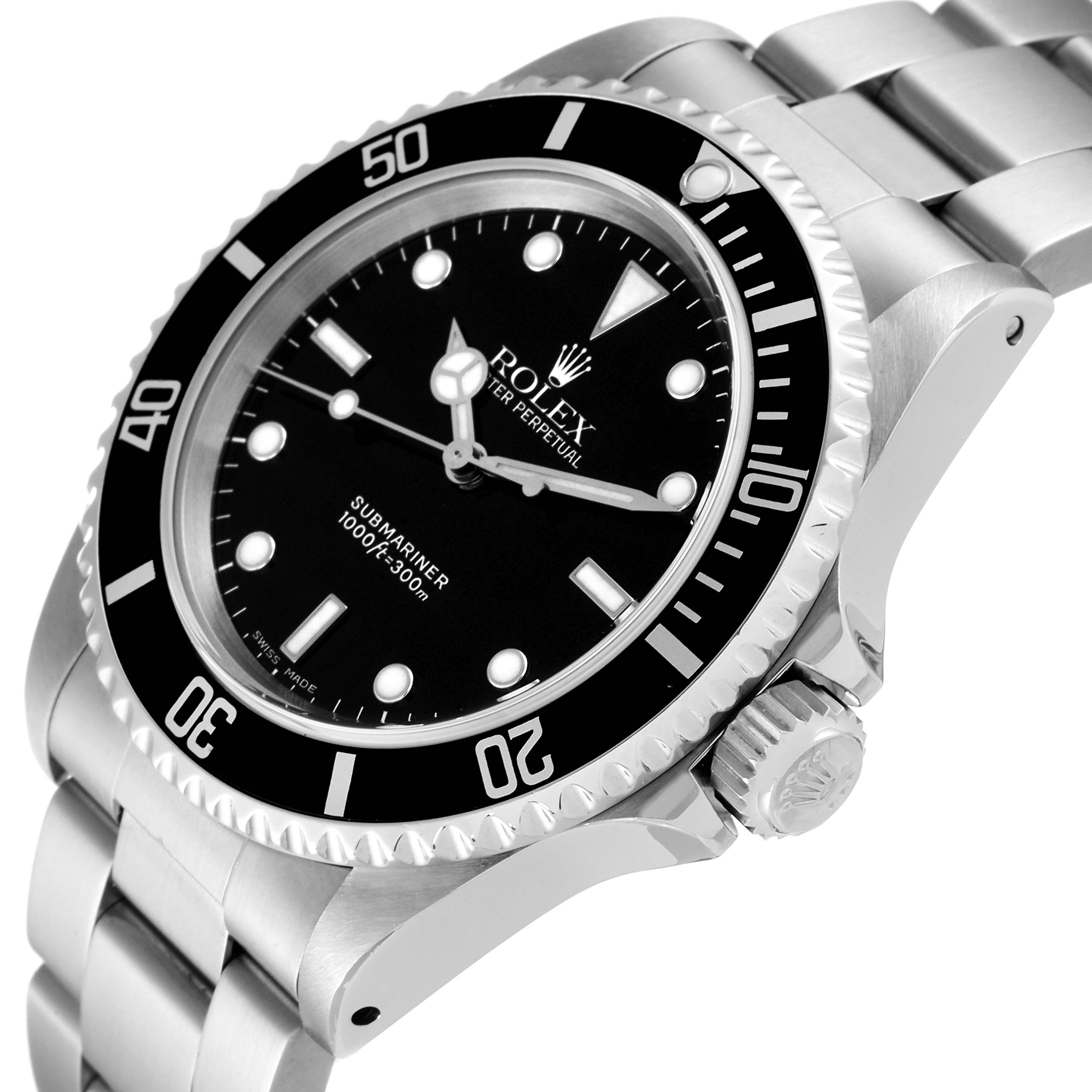 This image shows a close-up angled view of the Rolex Submariner 14060 Men's Stainless Steel Black Dial 14060 Men's Stainless Steel Black Dial watch, showcasing the dial, bezel, crown, and part of the bracelet.