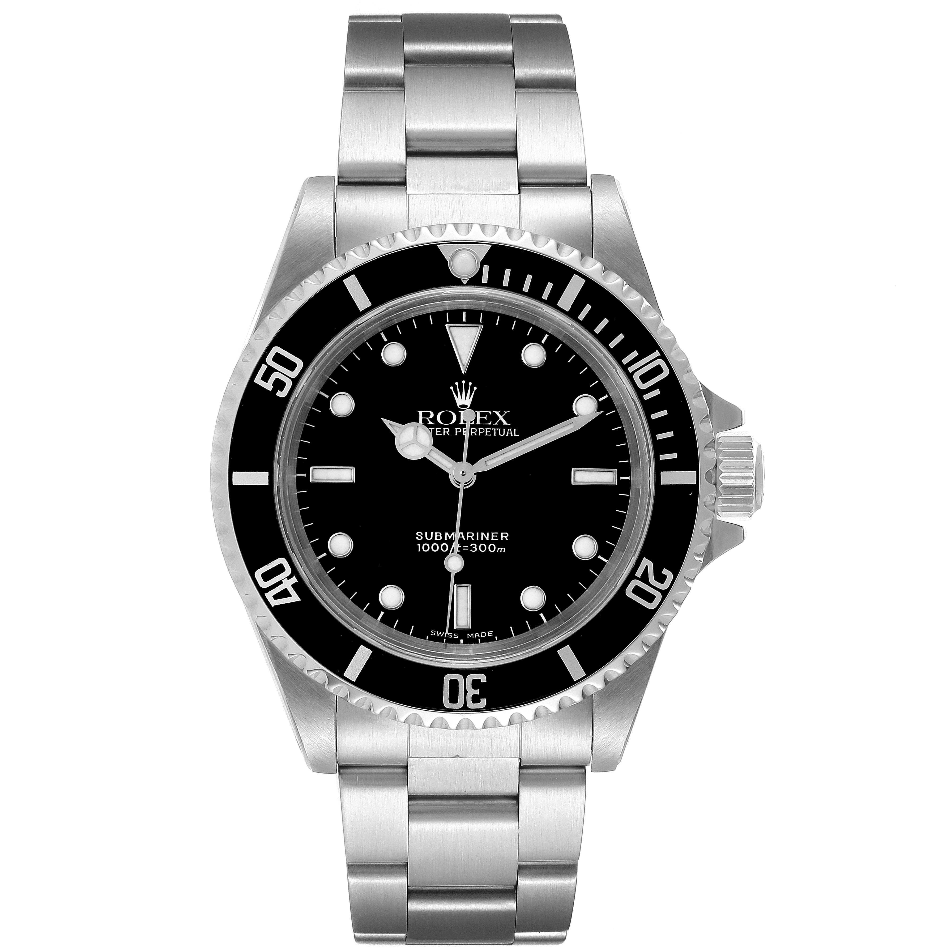 This image shows a frontal view of a Rolex Submariner 14060 Men's Stainless Steel Black Dial 14060 Men's Stainless Steel Black Dial watch, clearly displaying its dial, bezel, and bracelet.