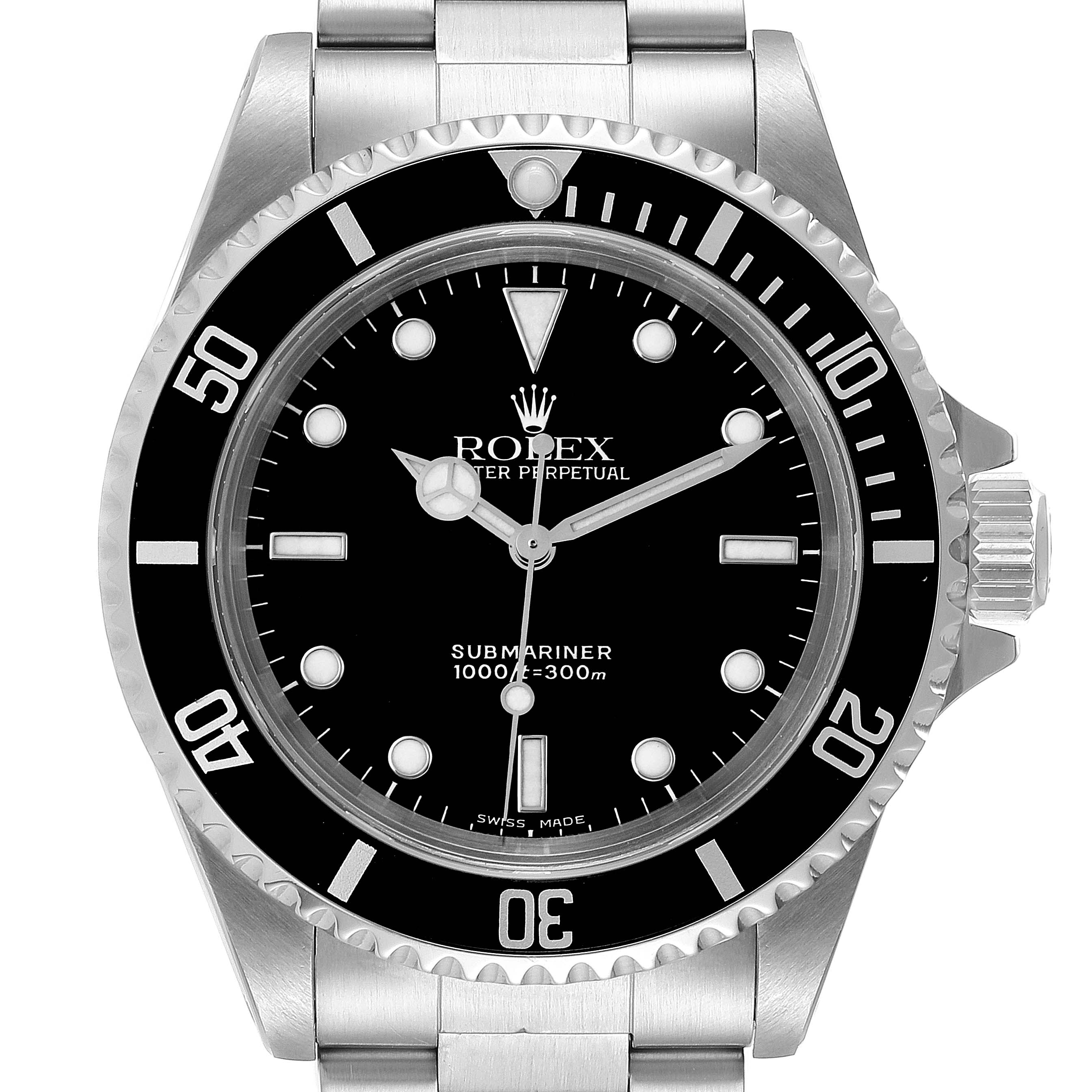 This image shows a frontal view of a Rolex Submariner 14060 Men's Stainless Steel Black Dial 14060 Men's Stainless Steel Black Dial watch, highlighting the bezel, dial, hands, markers, and bracelet.