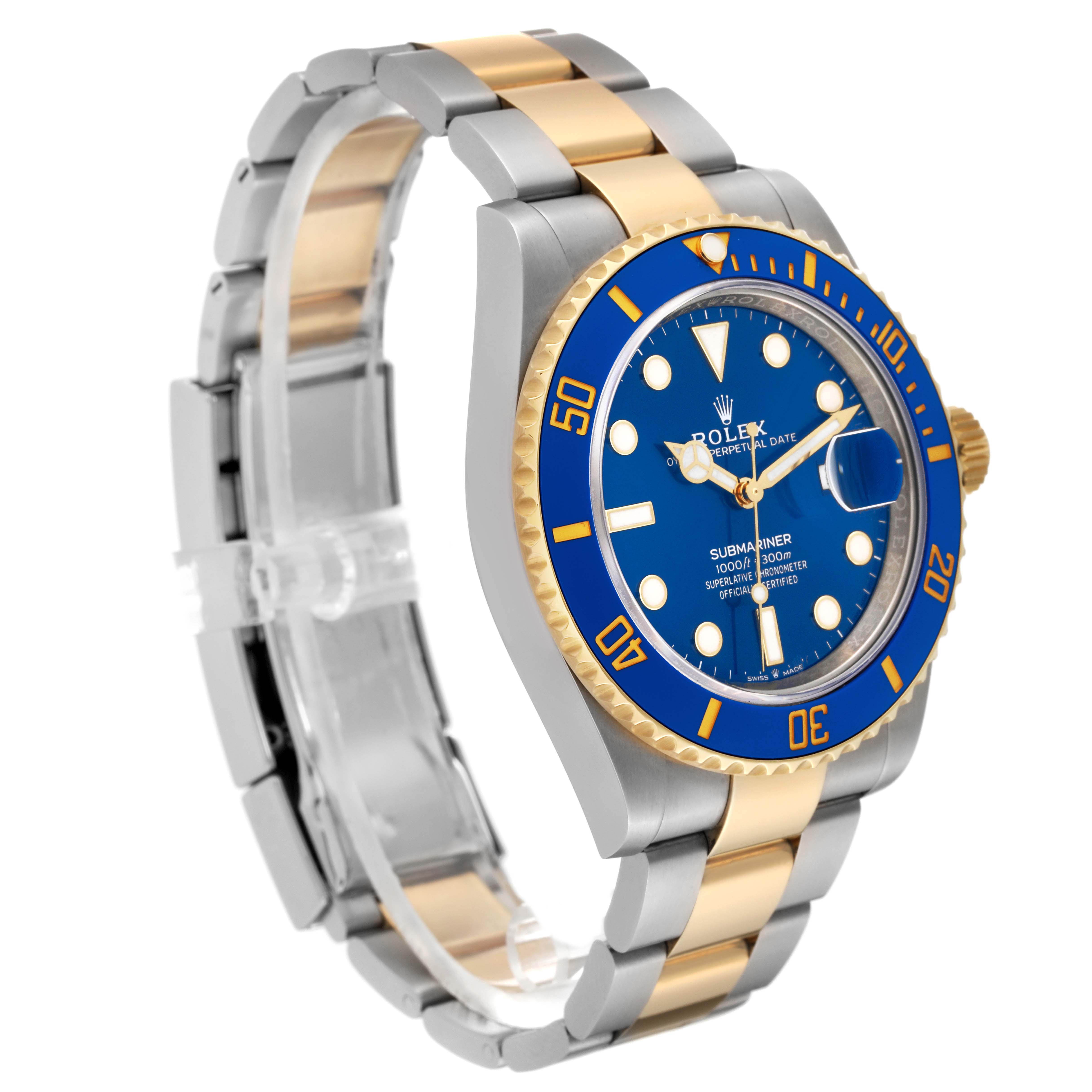 This image shows a Rolex Submariner 126613LB Men's Steel and Gold (two tone) Blue Dial 126613LB Men's Steel and Gold (two tone) Blue Dial watch angled from the front left, highlighting the bezel, dial, and two-tone bracelet.