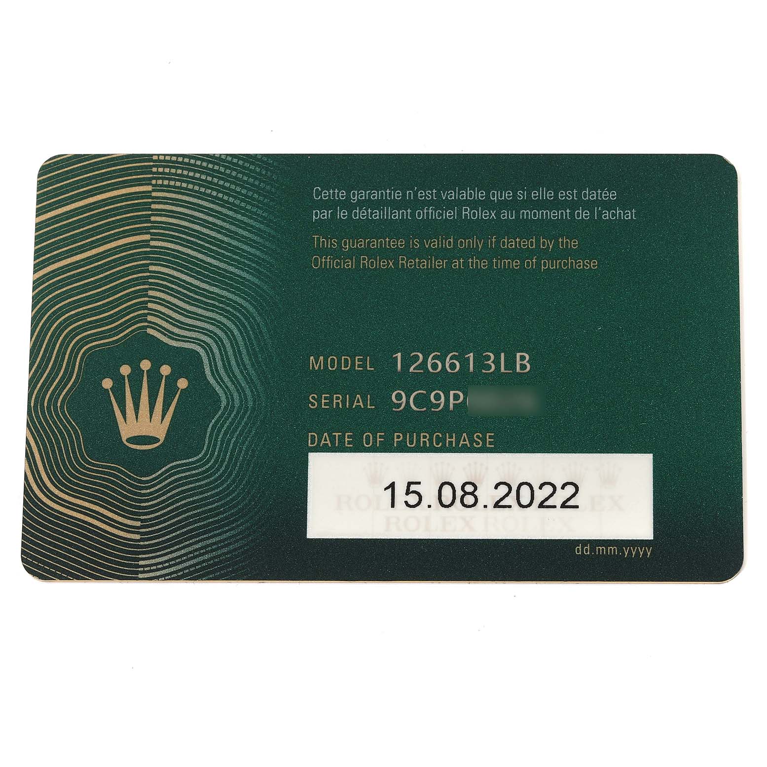 This image shows the warranty card for a Rolex Submariner 126613LB Men's Steel and Gold (two tone) Blue Dial 126613LB Men's Steel and Gold (two tone) Blue Dial model 126613LB, featuring model, serial number, and purchase date.