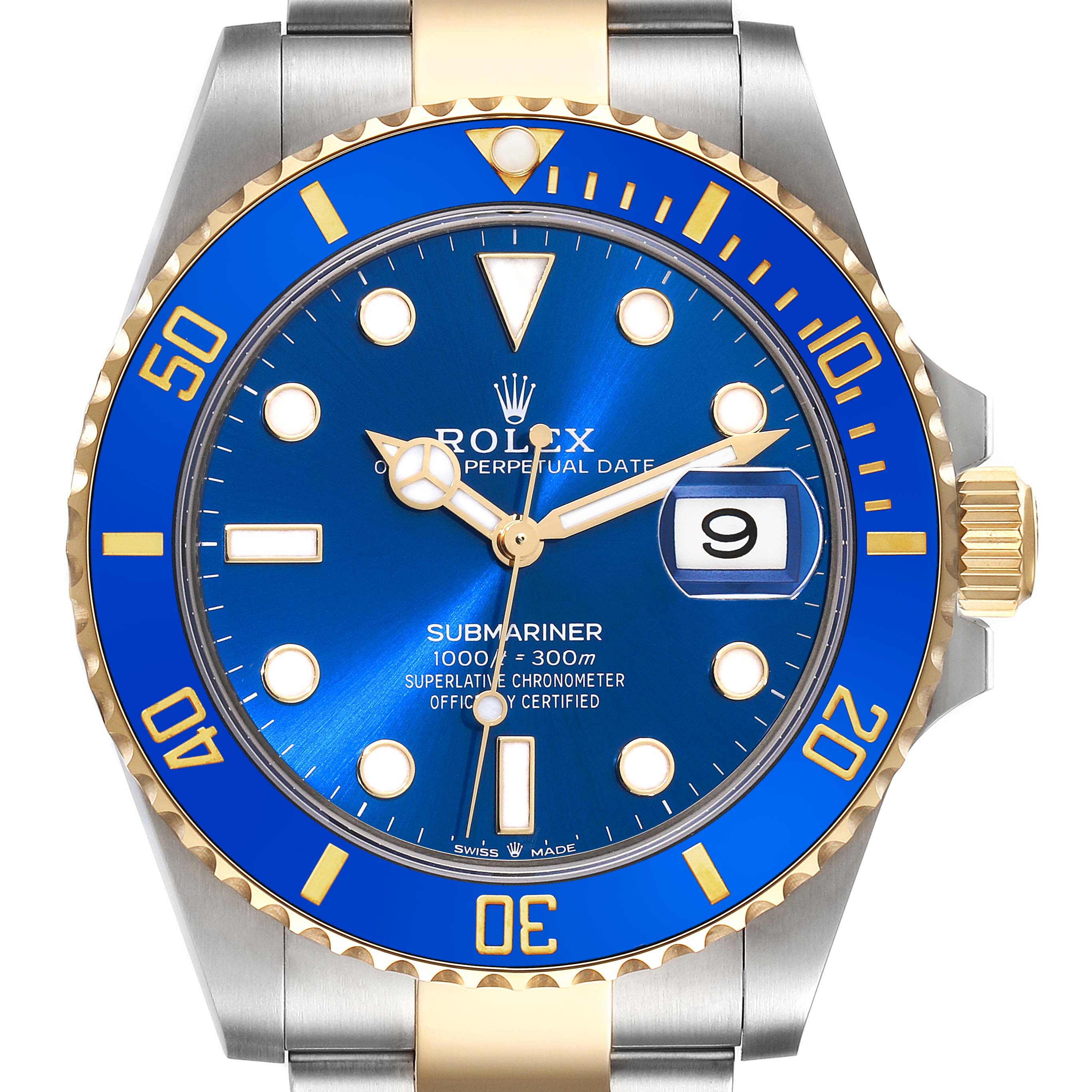The image shows a close-up, front view of the Rolex Submariner 126613LB Men's Steel and Gold (two tone) Blue Dial 126613LB Men's Steel and Gold (two tone) Blue Dial watch, highlighting the blue dial and date window.